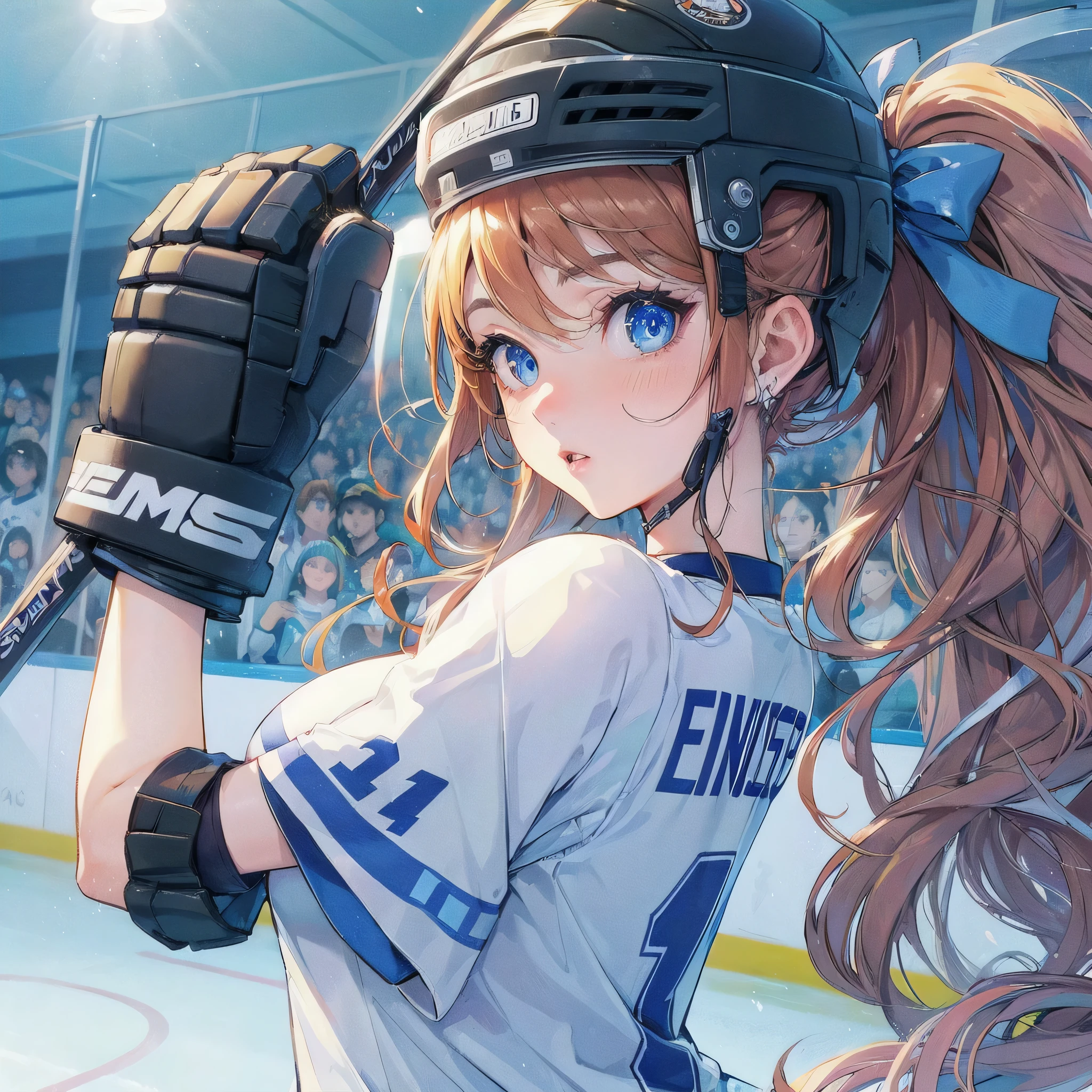 high quality,HD,16k,sharp lines,1 girl,Female ice hockey athlete ,cute face, large breasts, nice legs,At the ice ?????? venue,focus girl,detailed beautiful face,detailed clothes,beautiful eyes,cool,dynamic angle