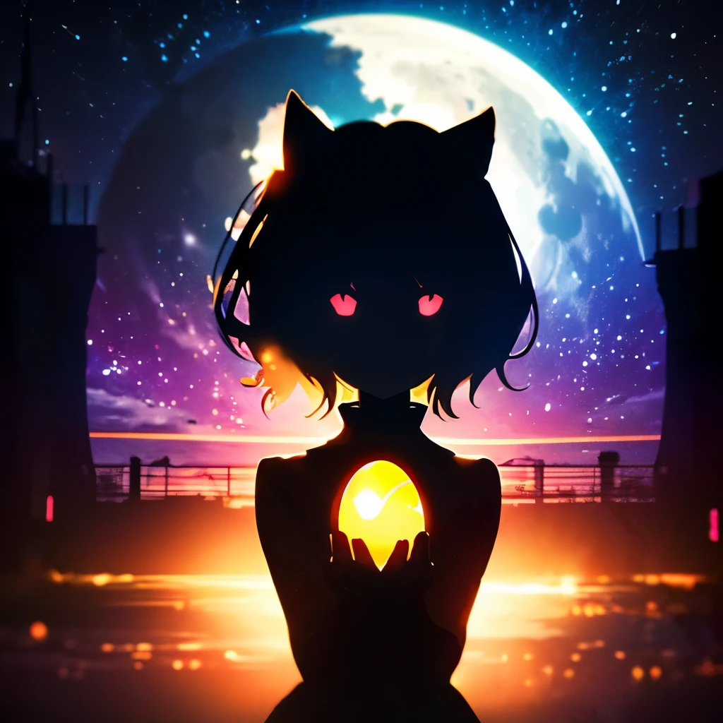 (Silhouette:1.5),High resolution,(rainbow in the starry sky:1.2), (A girl holds a golden egg with both hands), beautiful short gold hair, Cat ear,moon