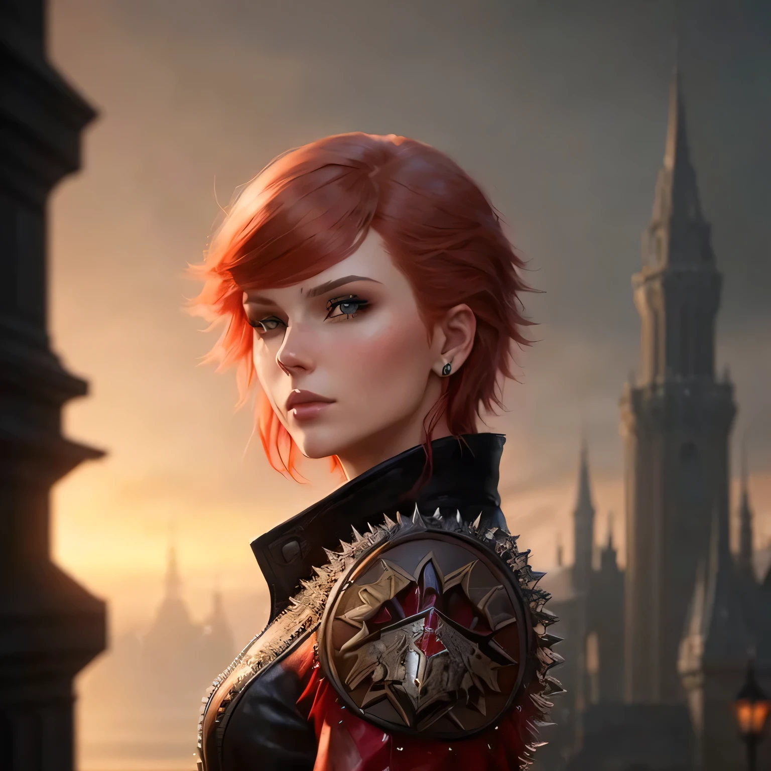 a woman with red hair and a leather jacket standing in front of a castle, epic rpg portrait, fantasy rpg symmetrical portrait, rpg_portrait, unreal 5. rpg portrait, alexandra fomina artstation, rpg portrait, epic exquisite character art, cushart krenz key art feminine, stunning character art, fantasy concept art portrait, character art portrait