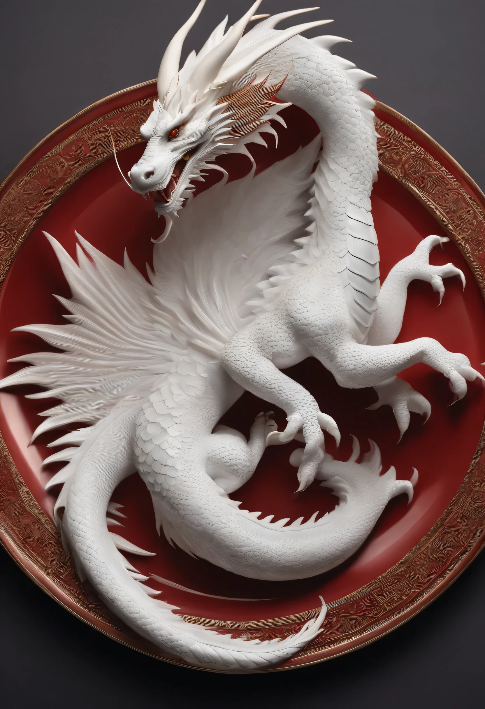 Huge white oriental dragon,With delicate red hair, With plate forces
