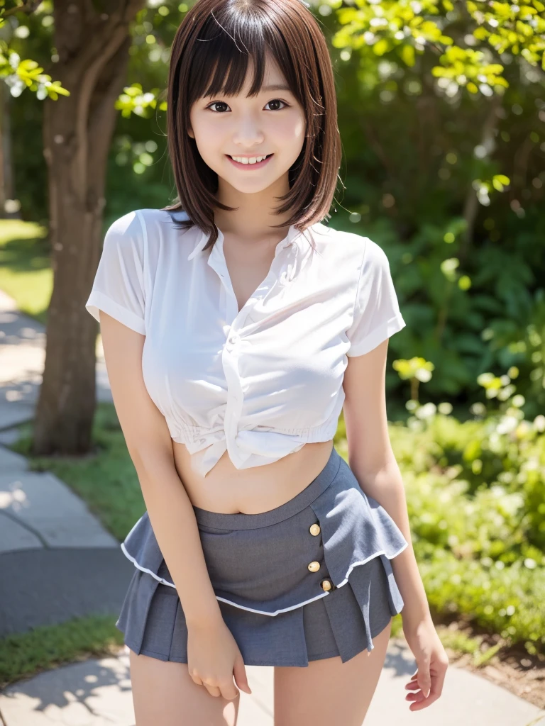 Representative works,highest quality,(Cute 10 year old Japanese sister:1.9),(The face of a very young girl:1.9),(Very embarrassed look:1.9),(Thin legs:1.9),(White buttoned blouse and mini skirt:1.9),(Small Ass,Narrow waist:1.9),((Droopy eyes:1.9)),((Self Shirt Lift:1.9)),((Outdoor)),((Inner thighs,Leaner figure,Growing breasts:1.9)),(Random smooth straight hair:1.9),((The whole body is thin,Thin legs)),Very white skin,bangs,Detailed Body,Fine hand,No makeup,(smile:1.3),Two s:1.2,((perfect mini skirt)),very young:1.3,The belly button is visible