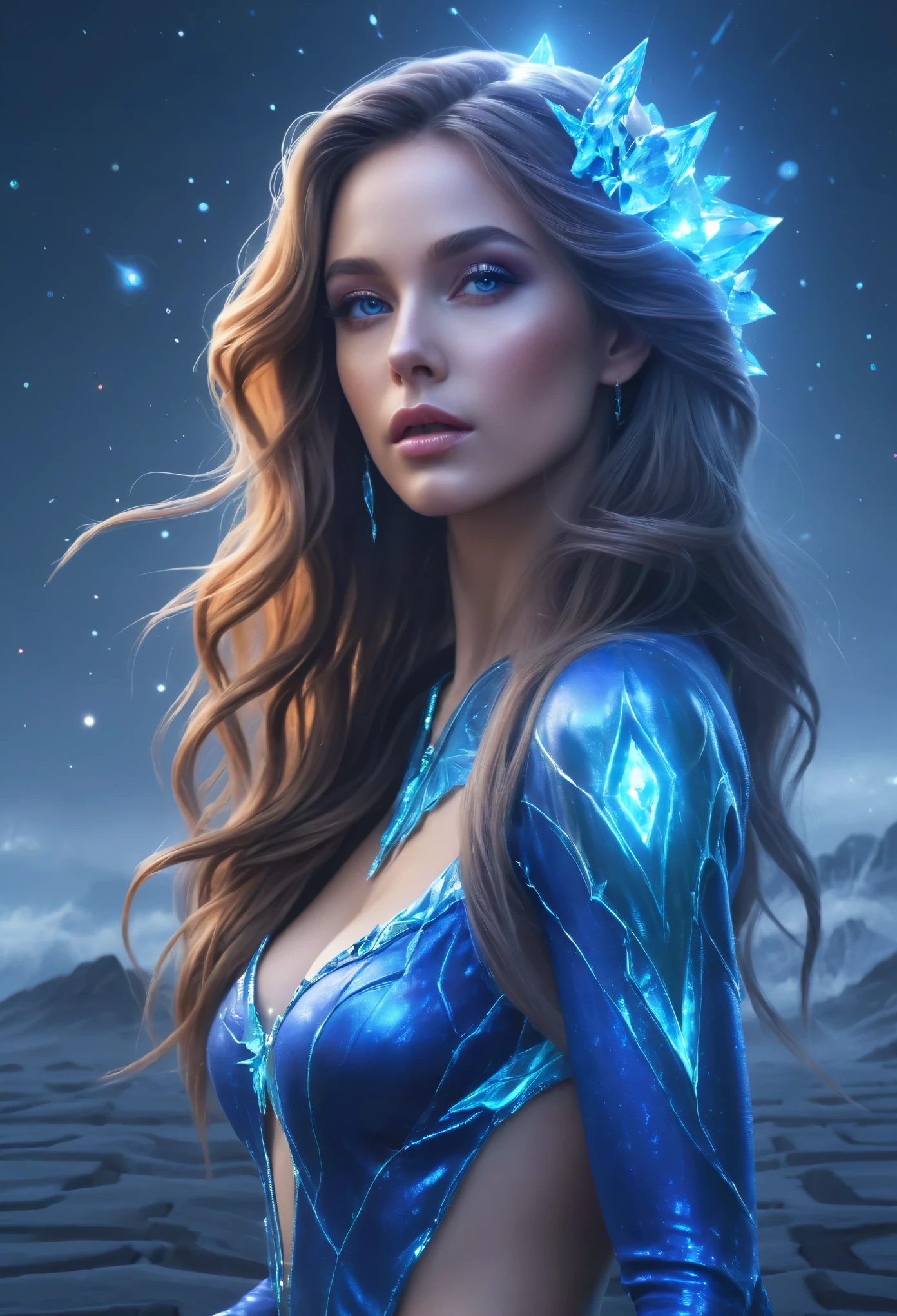 An alien girl whose body is made of minerals, diamond, Topaz, (best quality, highres, ultra-detailed), portraits, vivid colors, studio lighting, realistic, long hair flowing in the wind, sparkling eyes, otherworldly beauty, surreal atmosphere