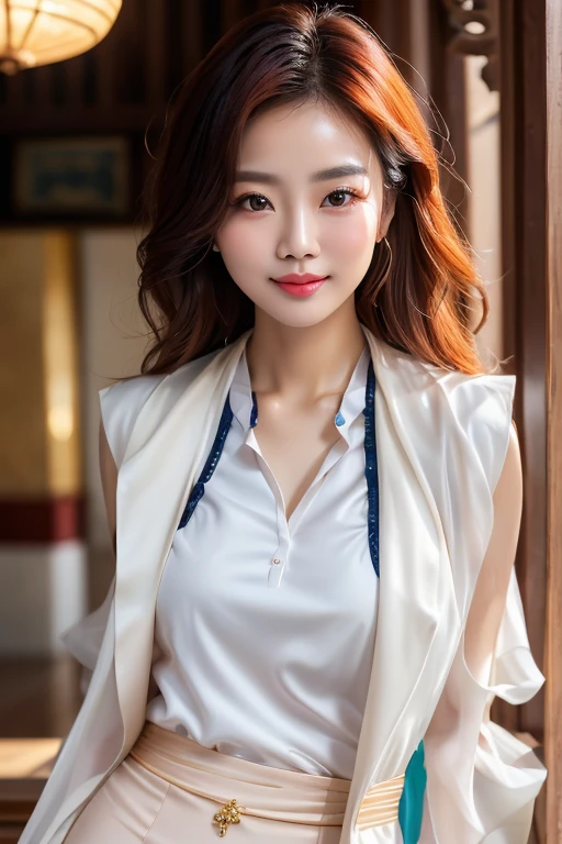 girl xinh: Asia, siêu dễ thương;
age: from 18-20 years old;
hair: copper orange color, silky, shiny under the sunlight, detail;
da: milky white, rosy and flawless;
eye: jet black, almond shaped, sexy, youthful, trong veo;
mi eye: delicate, perfect;
eyebrow: cong, dear;
Face: beautiful, pure, like a fairy, symmetrical, perfect, đẹp đến từng detail;
nose: xinh, cao;
cheekbone: prominent;
lip: charming, son lip màu đỏ nhạt, lovely lip gloss;
răng: Lily-white, smiling;
y phục: turquoise, thêu chỉ bạc;
Hình dáng cơ thể: full, graceful, youthful;
accessory: dây chuyền ruby, bông tai ruby;
Fashion style: high-class, Modern 2024, luxurious;
Image quality: non-NSFW, 8K CG HD, High resolution, Super nice graphics, professional, detail, colorful, ultrafine, advanced techniques, RAW true;
light: luxurious, complex color combinations, black gold rays;
light mặt trời: twinkle, illuminating the girl's body;
Hình nền: street, light twinkle.