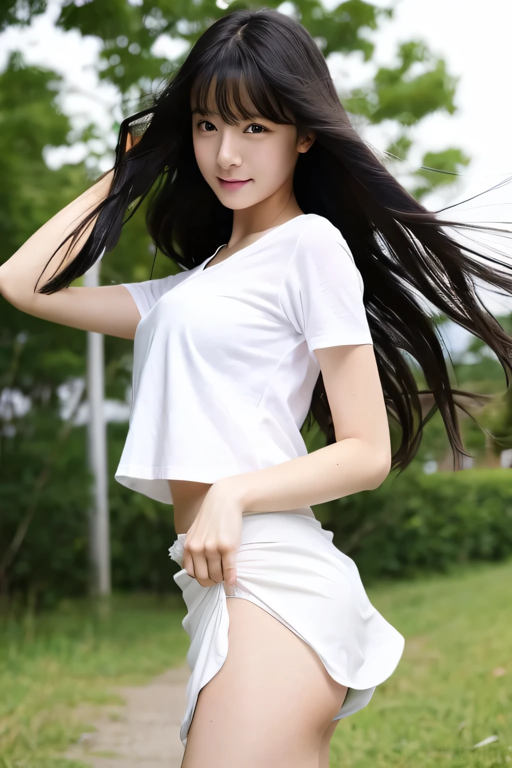 Girl with long black hair、Beautiful eyeiniskirt、The wind flips up my skirt、White panties