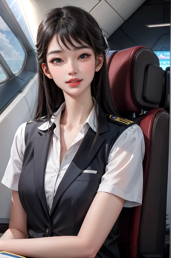 (masterpiece:1.2, best quality), 1girl, solo, Flight attendant, Uniform, Airplane, Service passengers, Providing safety instructions, Responding emergency, bangs, (shiny skin:1.15),