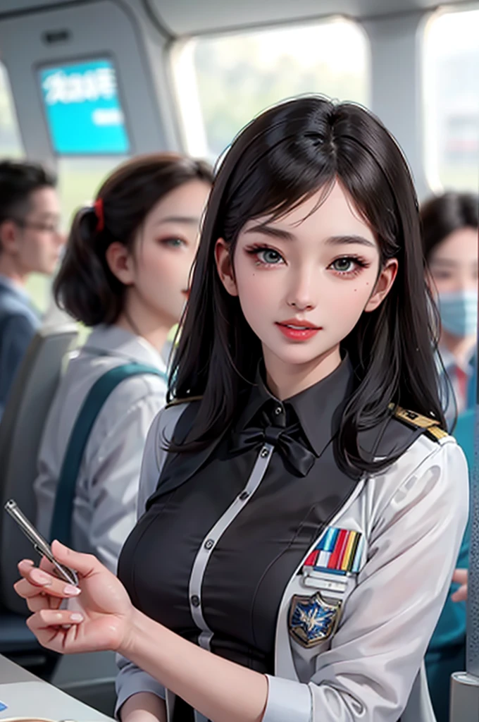 (masterpiece:1.2, best quality), 1girl, solo, Flight attendant, Uniform, Airplane, Service passengers, Providing safety instructions, Responding emergency, bangs, (shiny skin:1.15),