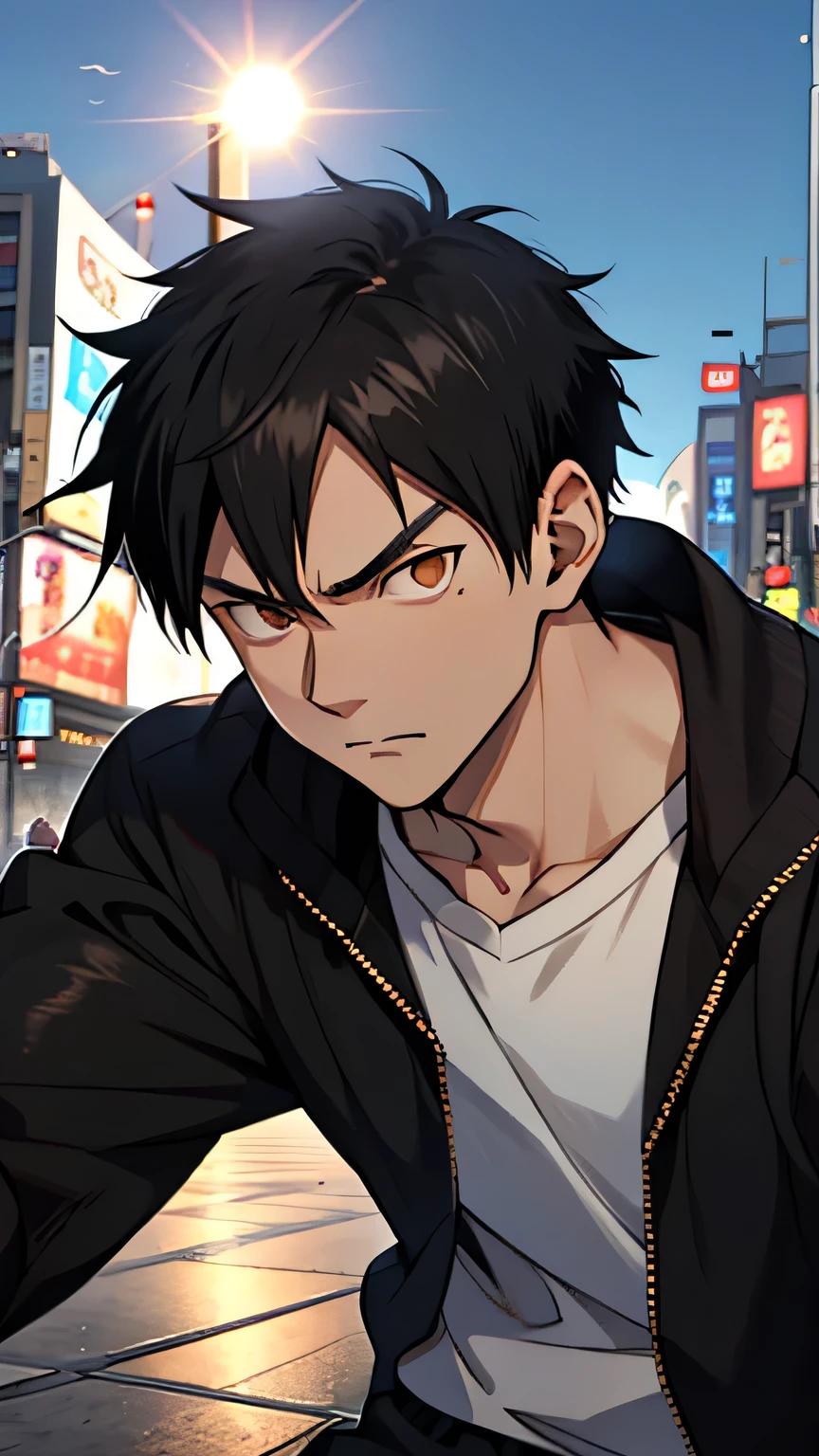 In the high-resolution image, Tobio Kageyama from the popular anime series "Haikyuu!!" The sun casts a warm glow over his sleek, black hair with a focused expression. As you take a closer look, the detailed eyes of Tobio come into focus. His deep-set brown eyes are full of intensity and determination, the irises flecked with gold, the lashes long and dark. Every fiber of his being seems to be radiating energy. In front shibuya crossing