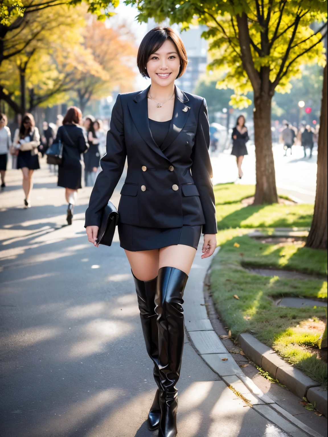 (RAW Photos:1.2), (Realistic:1.4),Beautiful detailed woman,非常にBeautiful Eyesと顔, Beautiful Eyes, Very detailed,High resolution, Very detailed,highest quality,Awareness-raising,Unified,8k wallpaper,masterpiece,highest quality,1 female,alone,rich,Whole Body Ezbian,(A little chubby:0.7),thick legs,alone,(suit:1.4),(Knee-high boots:1.2)、(have a business bag:1.4),jewelry, necklace ,short hair,A kind smile,A dignified atmosphere,black eye,Realistic,Hibiya Park , (Morning Park:1.1),(Stand upright:1.4),(go to work:1.2)