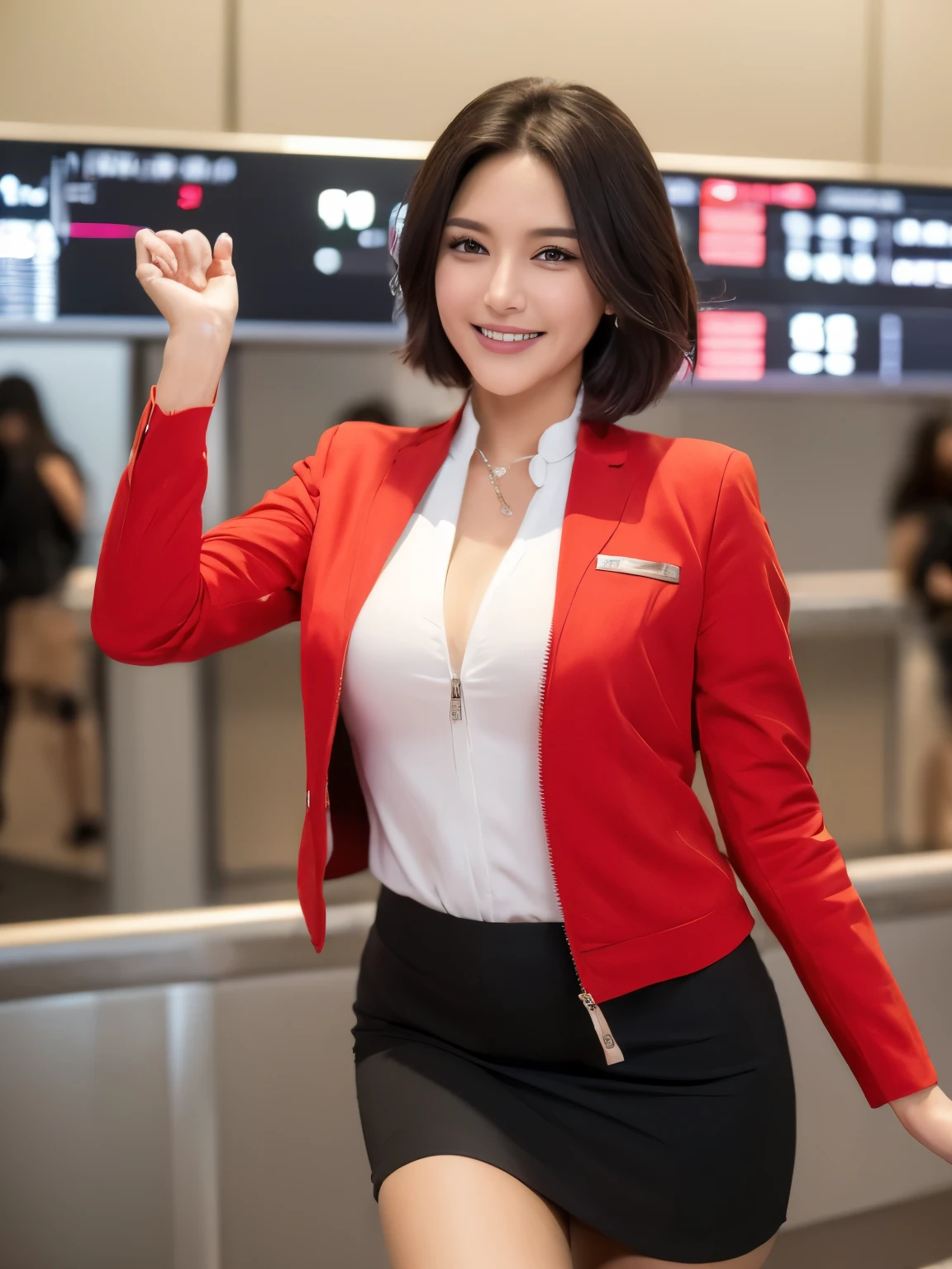 (masterpiece:1.2, highest quality:1.2), 32K HDR, High resolution, (alone, 1 girl), （Hyper-realistic portrait of an AirAsia flight attendant in uniform）, A proper woman, Beautiful Face, Bob Hair, (Short black hair), (Red jacket:1.1, Unzipped jacket, Unbuttoned white shirt:1.05, Red knee-length skirt:1.1, pantyhose), （Standard body shape）,（D cup breasts）,Detailed skin texture, Beautiful Eyes, (smile:1.2), necklace、Earrings、(Realistic airport, Kansai International Airport, Bright lighting),Black Eyes、Long Shot、Beautiful detailed woman,非常にBeautiful Eyesと顔, Beautiful Eyes, Very detailed,High resolution, Very detailed,highest quality,Awareness-raising,Unified