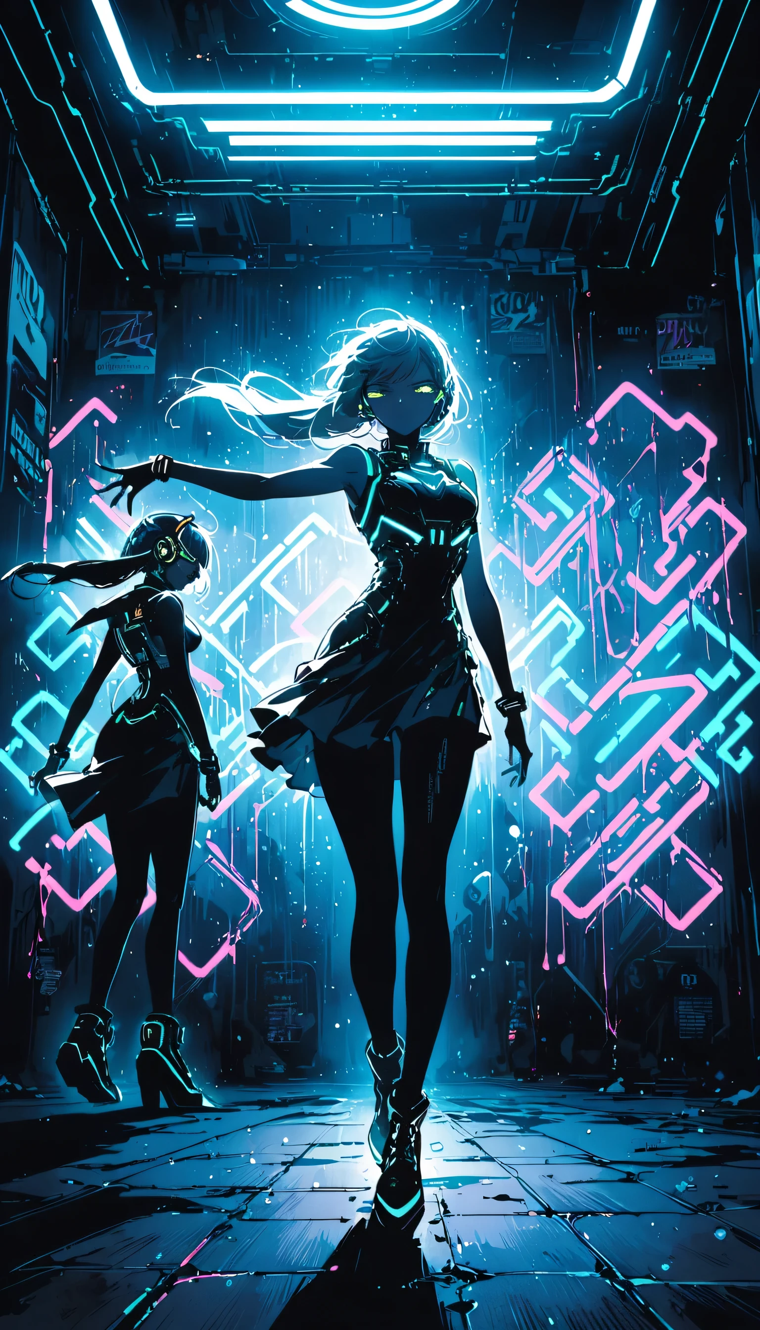 DemiHawks, Urban sprawl, woman, Urban dance costume, Dramatic lighting, High Contrast, silhouette, Poster-worthy, Street fashion, graffiti, Neon Light, Shadow, Dystopia, cyber punk, Futuristic, Science fiction, Tron, Blade Runner, Elysium, Westworld, Black Neon, dance, fluid, dynamic, energy, Movement, shape, Performance.