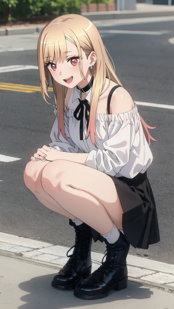 (((Pixel Perfect, Perfect detail))), alone, 1 girl,
Kitagawa Marine SB,1 girl, alone, teeth, Bright smile, Earrings, Long Hair, blonde, Red eyes, Colorful Hair, Black Ribbon, black collar,
Black Skirt, White shirt, Off the shoulder, tuck your shirt in,Permanently installed, Looking at the audience,outdoor activities, (squatting:1.3),  (Spread your legs,White ), whole body