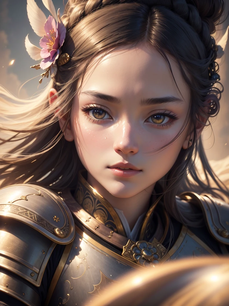 (best quality,4k,8k,highres,masterpiece:1.2),ultra-detailed,(realistic,photorealistic,photo-realistic:1.37),portrait,Japanese woman,armor,space,detailed eyes,detailed lips,graceful movement,floating,serene expression,traditional clothing,ancient samurai armor,ornate design,light reflecting off the armor,luminous background,ethereal atmosphere,vibrant colors,soft lighting,gentle breeze,celestial landscape,delicate features,stark contrast,harmonious composition,subtle shadows,mastered brushstrokes