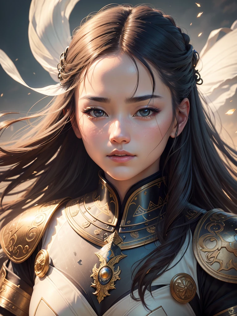 (best quality,4k,8k,highres,masterpiece:1.2),ultra-detailed,(realistic,photorealistic,photo-realistic:1.37),portrait,Japanese woman,armor,space,detailed eyes,detailed lips,graceful movement,floating,serene expression,traditional clothing,ancient samurai armor,ornate design,light reflecting off the armor,luminous background,ethereal atmosphere,vibrant colors,soft lighting,gentle breeze,celestial landscape,delicate features,stark contrast,harmonious composition,subtle shadows,mastered brushstrokes