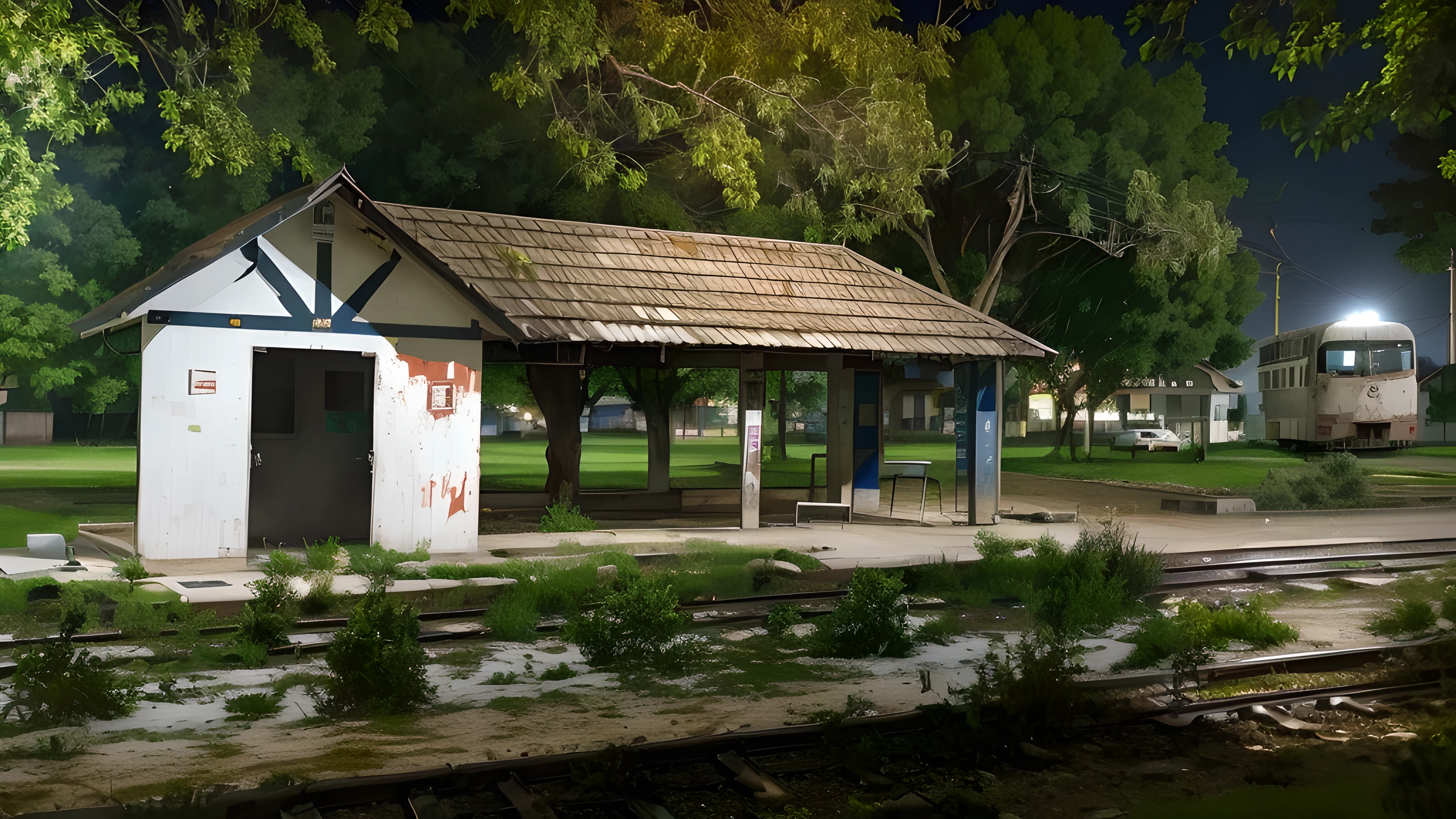there is a small white building with a roof and a train on the tracks, photo taken por la noche, train season, por la noche, tomado en la noche, abandoned bus stop, season, pavilion, visto desde afuera, train season in summer, by david rubin, Dark City Bus Stop, by Gina Pellón, Por la tarde, Noche