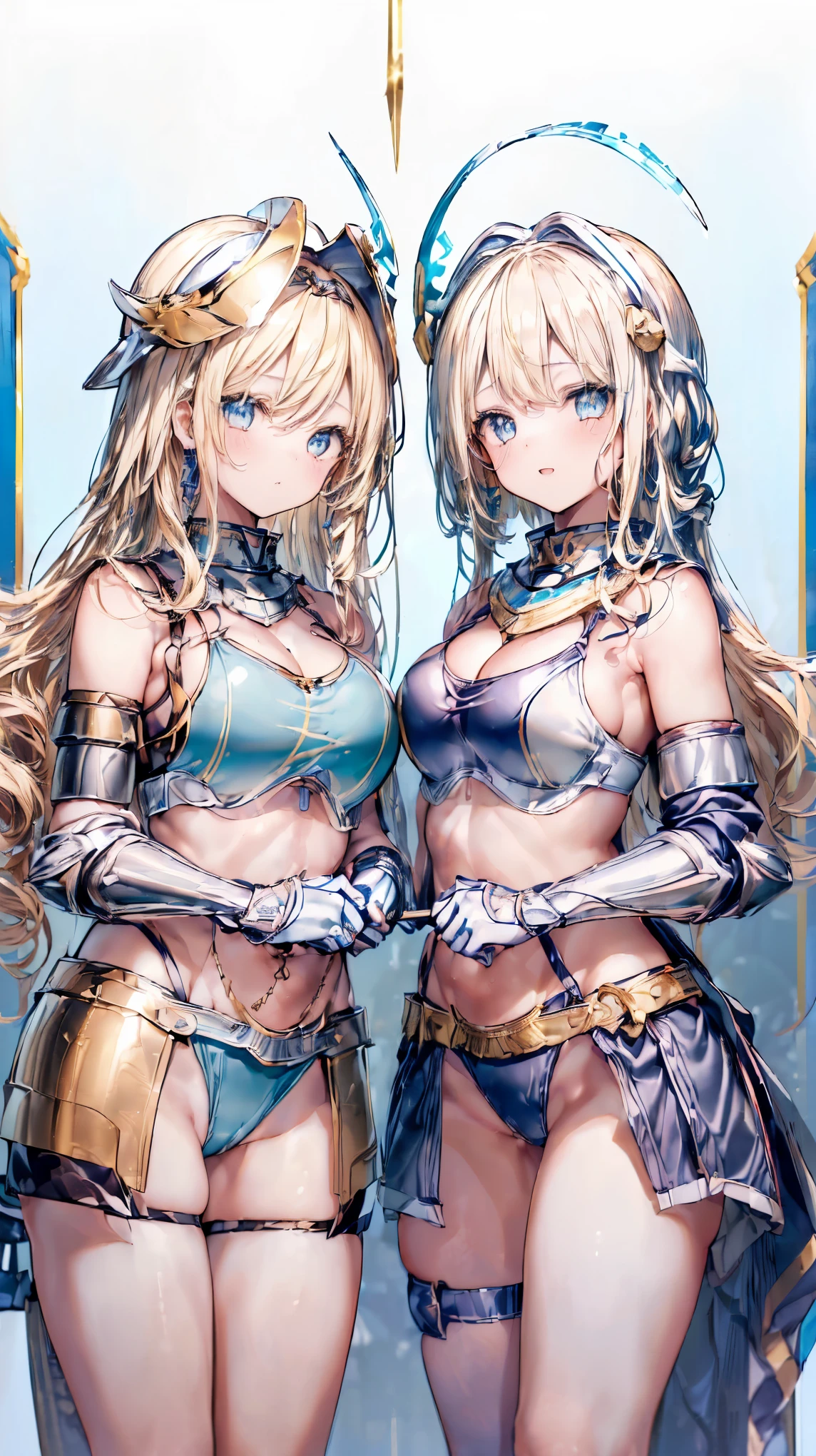 (Two girls standing side by side:1.5)、Very detailed、highest quality、(Best image quality:1.5)、(masterpiece:1.5)、8k、Anime Face、A kind smile、Open Mouth、(Beautiful bright blue eyes:1.5)、(Blonde wavy hair:1.5)、Muscles of the whole body、(Thigh belt:1.3)、(Wearing gold and white bikini armor:1.5)、(Cowboy Shot:1.6)、(Wearing a helmet:1.5)、(Holding a spear:1.5)、Warm lighting