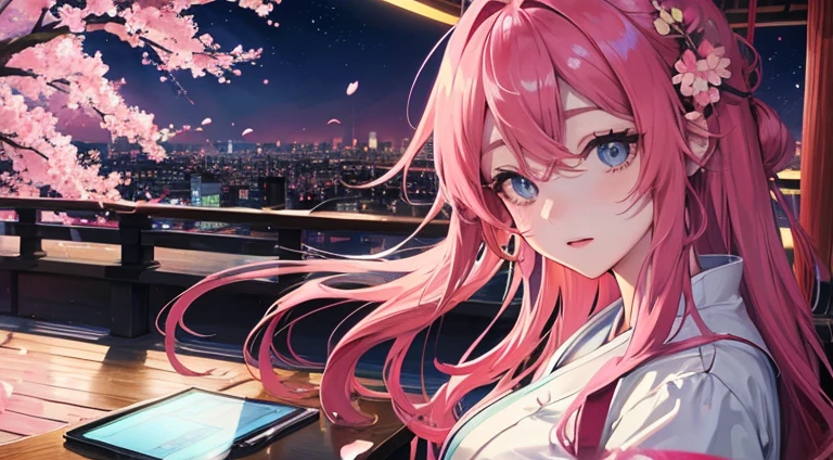 Anime images of Japan1People Girl、 blue eyes、 Pink long hair、 looking at laptop in room、 meditation、 Out of the window、 Tokyo cityscape、 night view、 cherry blossoms、 Size is 16:9 please