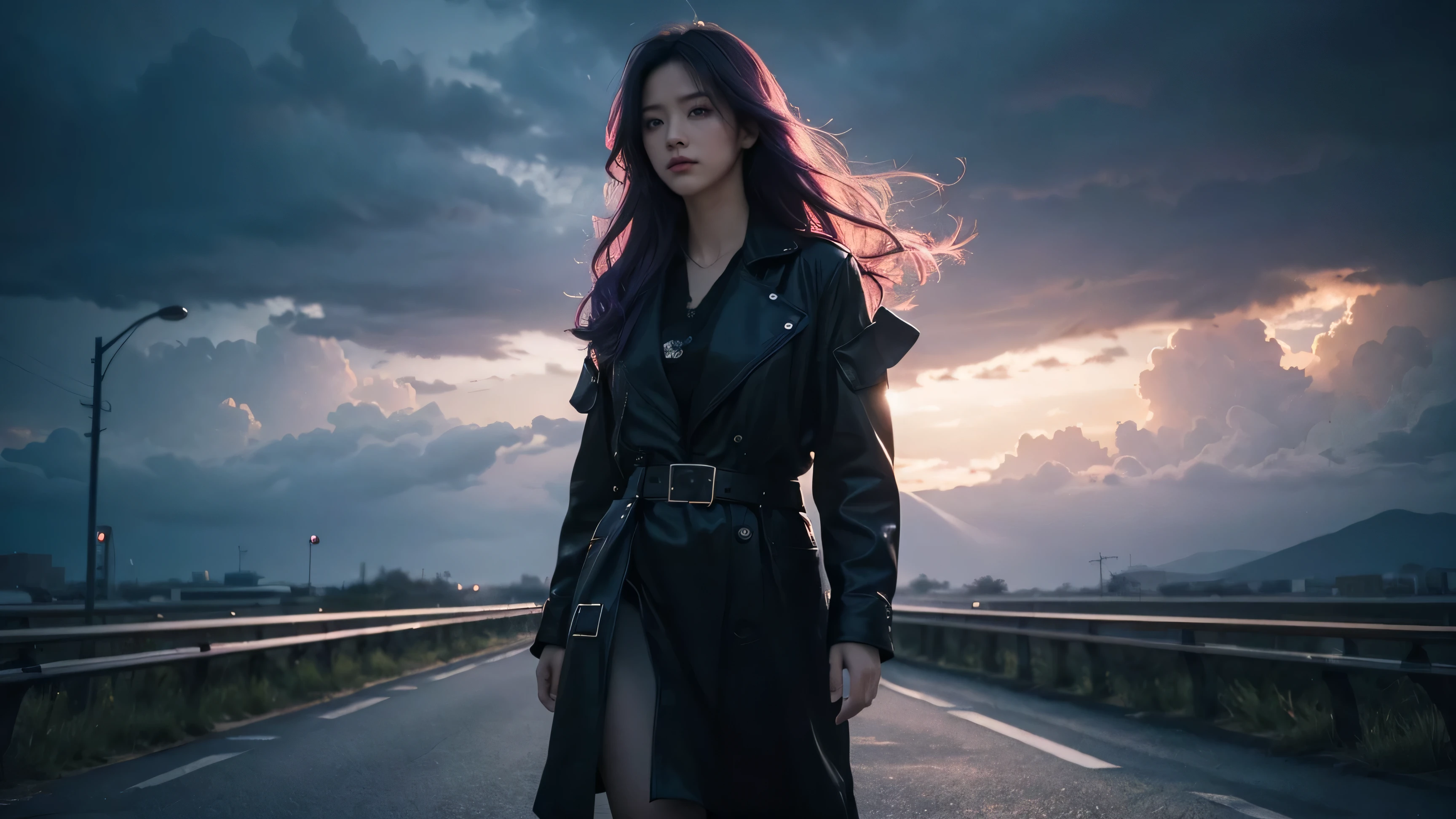 Clouds in the surrounding sky, Dark Magic, Dreamy Background, Meaning background, Absurd background with artistic overlays, Colorful Hair, Hyperrealism, Cinematic lighting feel, Ray Tracing, Light of Darkness, Speed Line, viewing angle, Ultra HD, masterpiece, Best quality, Super Detail, High resolution, High Quality On, (Vision: 1.3)
