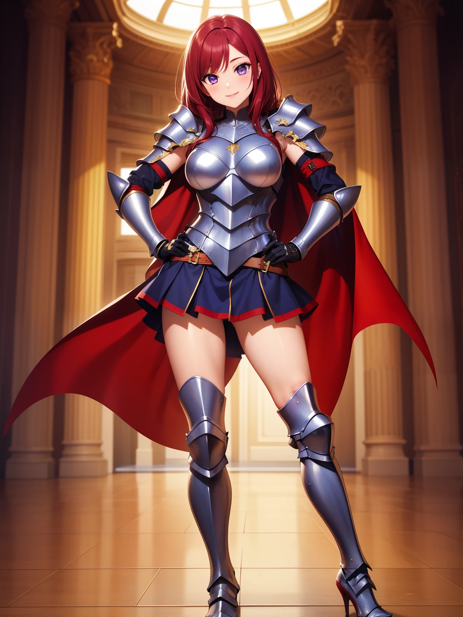 (Masterpiece, Best Quality, High Quality),solo, looking_at_viewer, smile, skirt, purple_eyes, standing, red_hair, boots, armor, high_heels, hand_on_hip, knee_boots, breastplate, armored_dress, armored_boots, greaves, (contrapposto:1.2)