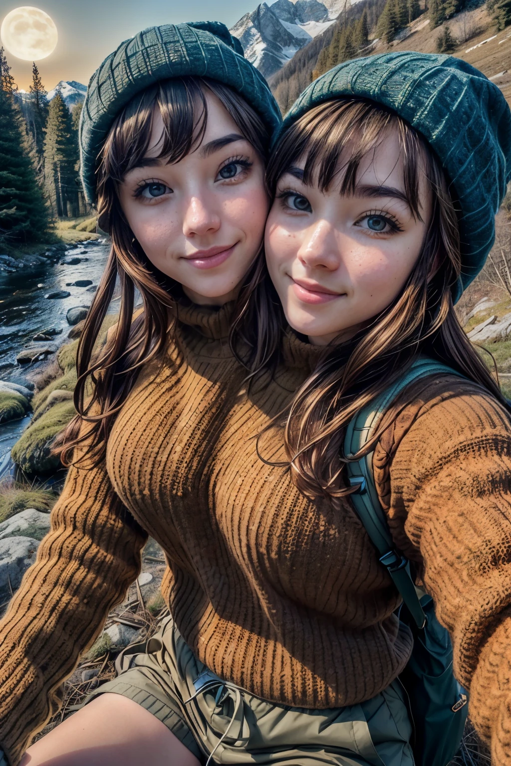 VeronicaCipher ((upper body selfie, happy)), masterpiece, best quality, ultra-detailed, solo, outdoors, (night), mountains, nature, (stars, moon) cheerful, happy, backpack, sleeping bag, camping stove, water bottle, mountain boots, gloves, sweater, hat, flashlight, forest, rocks, river, wood, smoke, shadows, contrast, clear sky, analog style (look at viewer:1.2) (skin texture) (film grain:1.3), (warm hue, warm tone) :1.2), close up, cinematic light, sidelighting, ultra high res, best shadow, RAW, upper body, , wearing pullover
kodak vision 3, conjoined_dicephalus, (two heads:1.3)