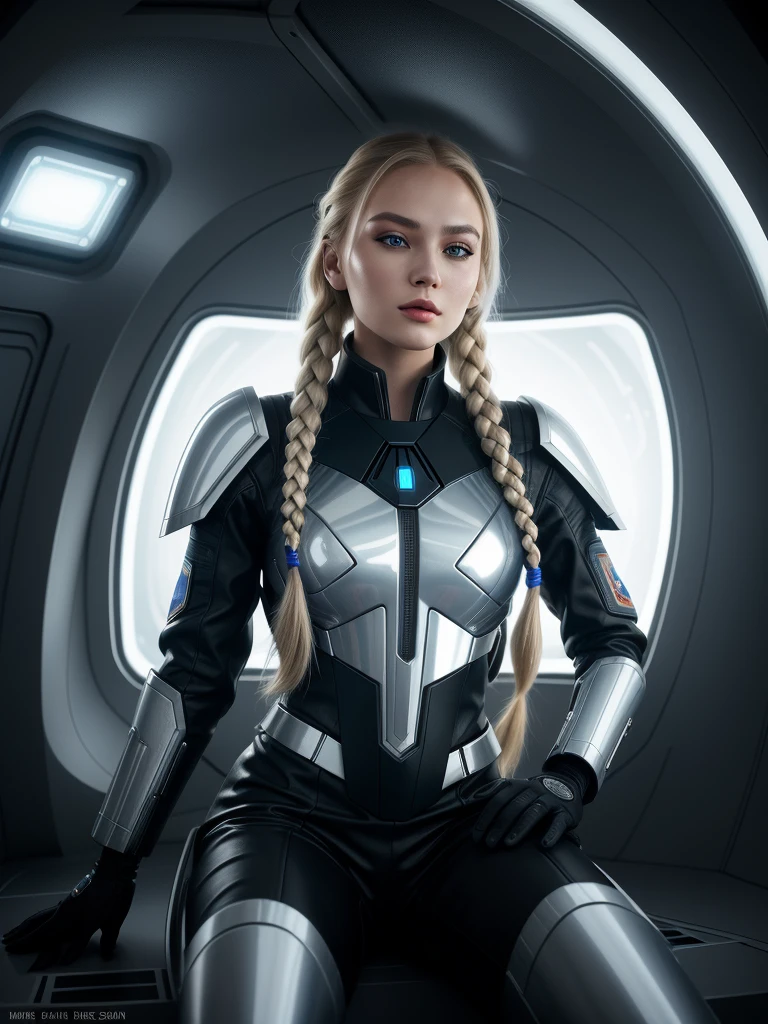 the most beautiful 21 yo Russian woman with long blond braided hair sitting in the futuristic spaceship in 2170 wearing a chrome and blue battle worn Space Force military suit a variety of small details in the background, random, hyper detailed, trending on artstation, intricate details, highly detailed, highly detailed, digital painting, perfect result, HDR, very clear image, evocative, striking, Fluorescent light, Side angle perspective, perfect face, polished, glorious, astonishing, fabulous, captivating, pretty, mesmeric, elegant, magnificent, sublime, luscious, dreamy, Mysterious