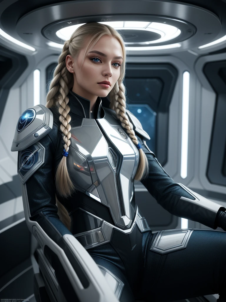 the most beautiful 21 yo Russian woman with long blond braided hair sitting in the futuristic spaceship in 2170 wearing a chrome and blue battle worn Space Force military suit a variety of small details in the background, random, hyper detailed, trending on artstation, intricate details, highly detailed, highly detailed, digital painting, perfect result, HDR, very clear image, evocative, striking, Fluorescent light, Side angle perspective, perfect face, polished, glorious, astonishing, fabulous, captivating, pretty, mesmeric, elegant, magnificent, sublime, luscious, dreamy, Mysterious