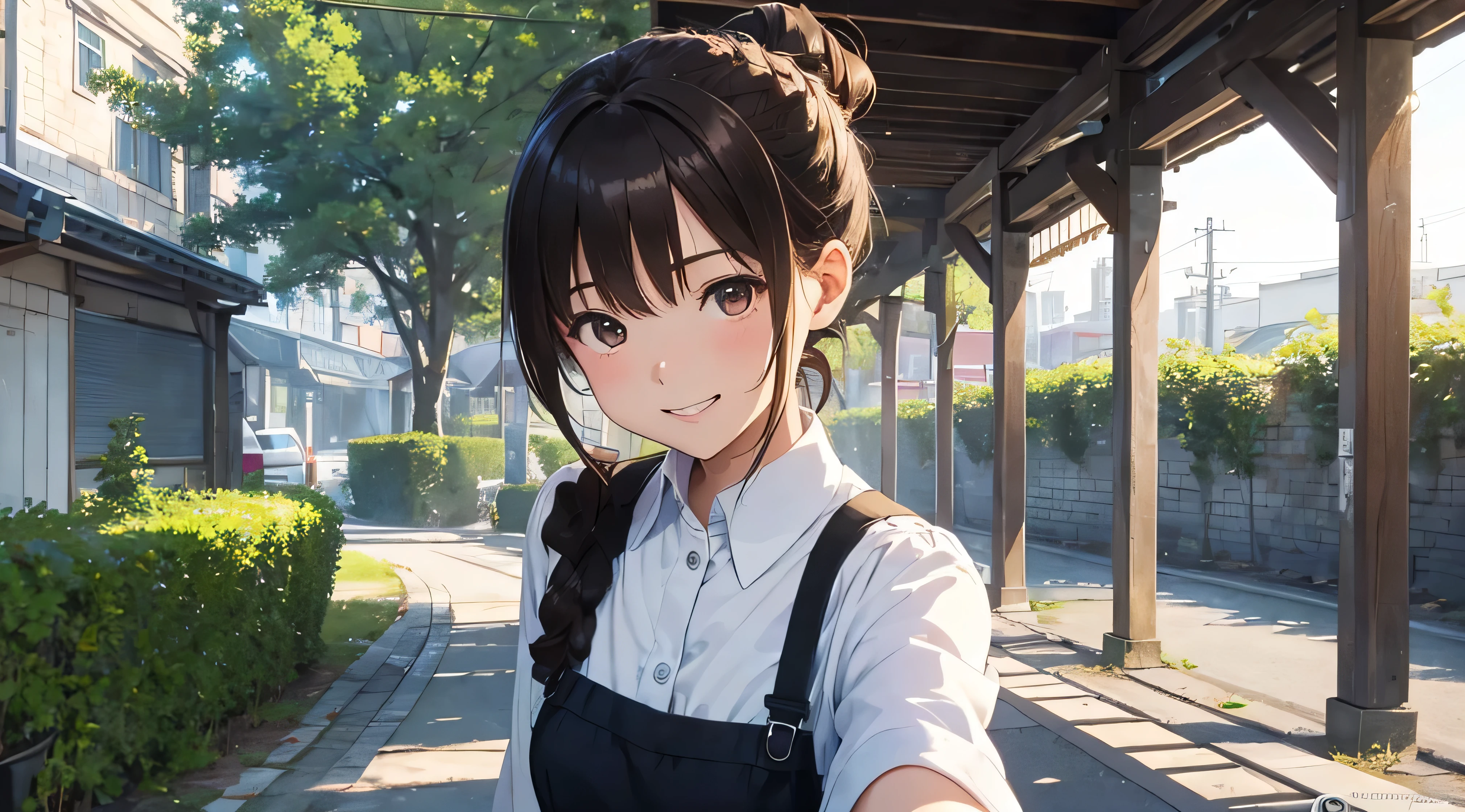 The season is spring、In the background is an old street、Factory Street、high school girl、Uniform appearance、whole bodyが写る、A shy smile、Through clenched teeth、Through clenched teeth、lip、cheek、Group photo、Commemorative photo(Flat Color: 0.8)、(masterpiece: 1,2)、(masterpiece: 1,2)、High resolution、Ultra high definition、highest quality、High resolution、Ultra-fine Illustration、Makoto Shinkai style、Your name is style、Short Bob、、Dynamic pose、Selfie、whole body、Brown Hair、Braiding、Hair Bun、ponytail、Hair Bun Style、。