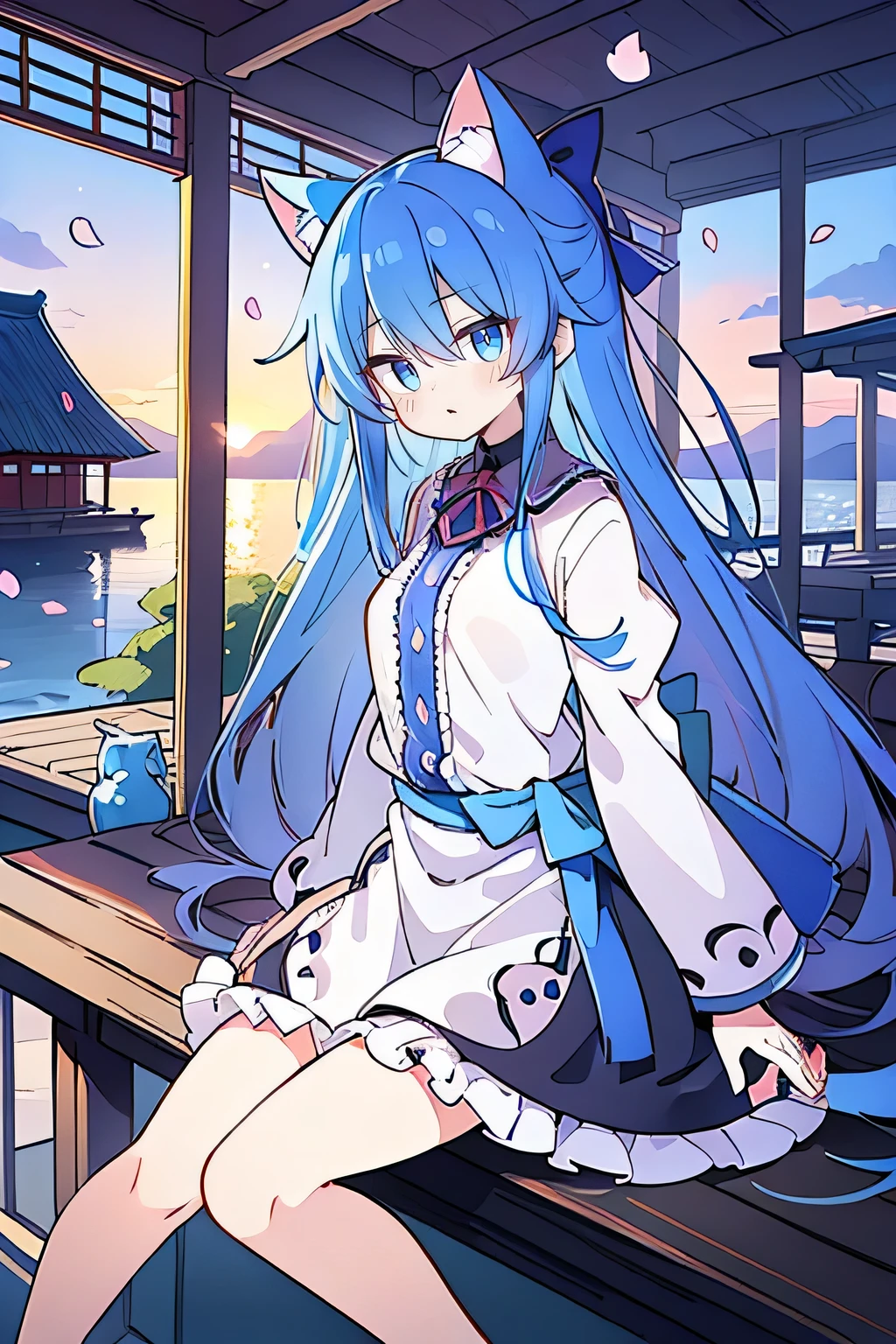 (masterpiece:1.2),Super detailed,Practical,expressive eyes,Fair skin,Perfect face shaping,1 Girl,
Japanese cartoons,Gorgeous blue hair, the long flowing blue hair,Floating clothes,Cat ears,Petals falling,beautiful lola,Young Angel,
Hands on waist,sit elegantly on the ground,Cross your legs,Gentle and peaceful background,Cool and cozy pavilion,Sunset,