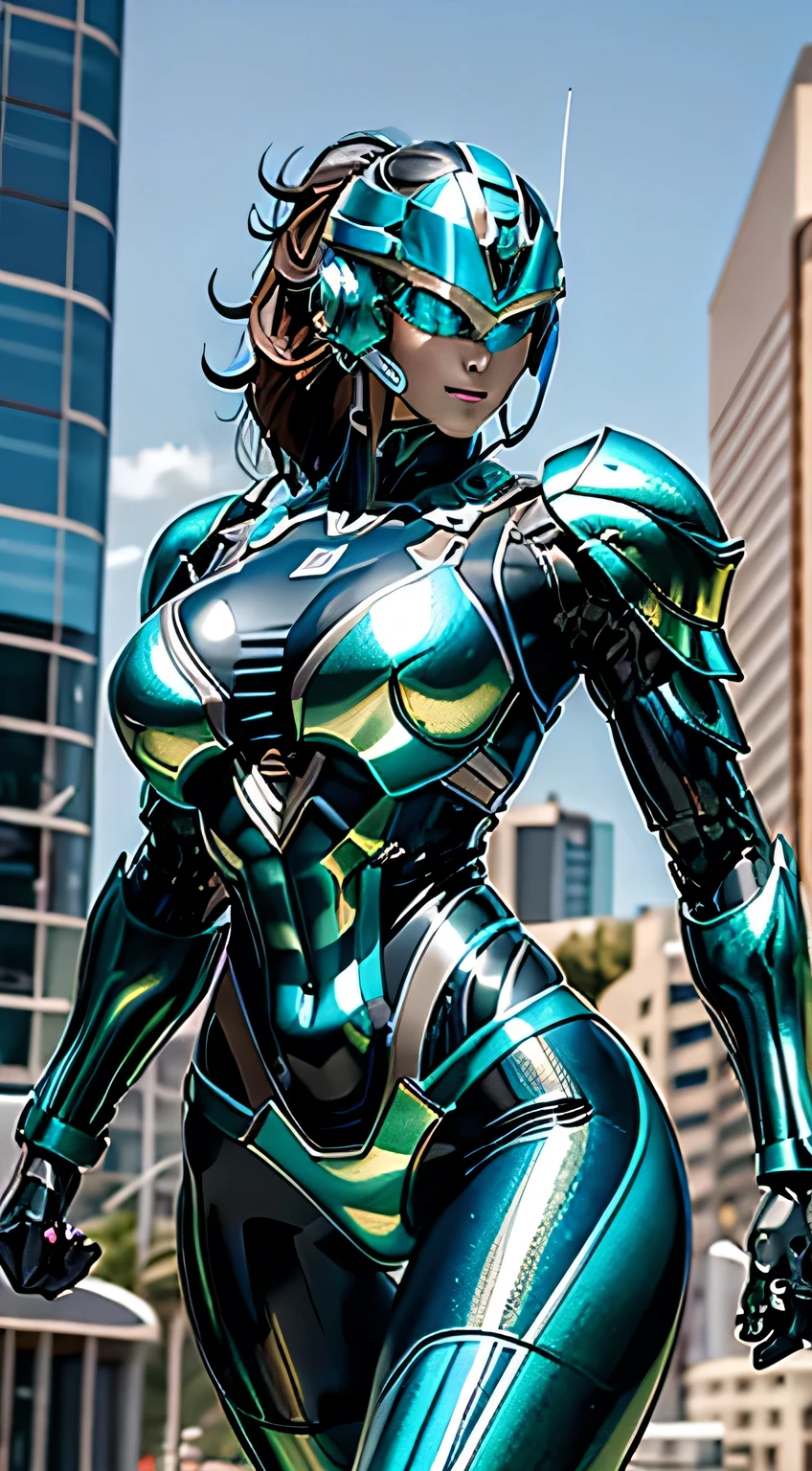 Female Robocop Solo、Bright outdoors、strong light source、8K, high quality, masterpiece, 最high quality、Very detailed、Armor that completely covers the whole body、Very large armor、Helmet covering the head、Clear photos、The eyes are hidden by thin, straight goggles:1.3、The lower half of the face is flesh:1.5、Face with exposed skin below the nose:5.0、Luscious lips、Fluorescent blue-green metallic armor with thin white lines、Armor that completely covers the chest、Long, slender legs、Vivid poseable body view,Big and ample breasts:1.5, (Sports Body:1.5)、Five Fingers、Photos in the city