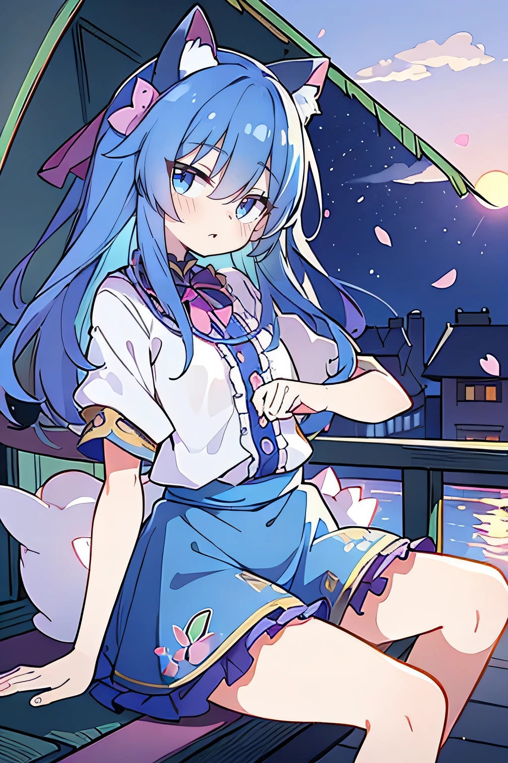 (masterpiece:1.2),Super detailed,Practical,expressive eyes,Fair skin,Perfect face shaping,1 Girl,
Japanese cartoons,Gorgeous blue hair, the long flowing blue hair,Floating clothes,Cat ears,Petals falling,beautiful lola,Young Angel,
Hands on waist,sit elegantly on the ground,Cross your legs,Gentle and peaceful background,Cool and cozy pavilion,Sunset,
