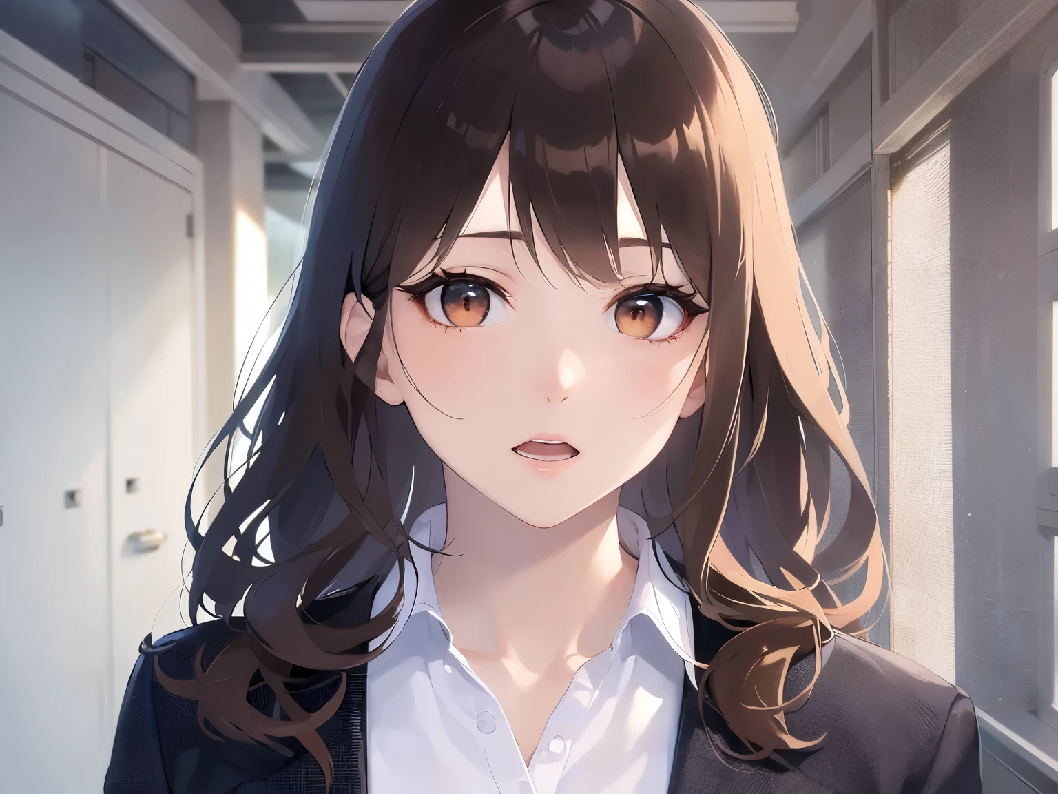 Upper Body, Realistic, real person, (pale skin: 1.2), RAW photo, photorealistic, portrait photography, shiny skin, shiny hair、(A 25-year-old woman with medium-length hair and bangs) and (wavy hair) and (brown hair) and (orange eyes) , (Gray business suit) and (White shirt） 、Confused expression, open mouth, The background is the corridor of an apartment building、Alone、Are standing