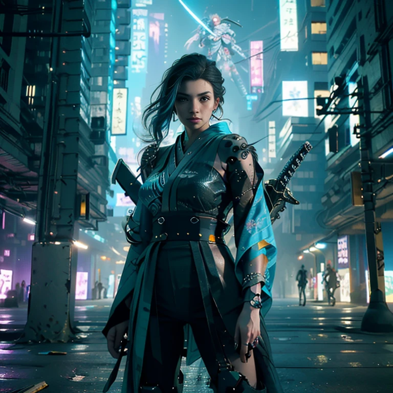 highest quality、Super fine、Realistic、A young and very beautiful woman、Beautiful detailed eyes、Beautiful detailed lips、cyberpunk、huge breasts、(Holographic kimono:1.4)、((Mecha、Armament、knife、Cyberpunk city girl:1.37))、neon、Street graffiti、Night view、Mysterious atmosphere、High-tech gadgets、Vibrant colors、 Glowing Effects、Urban decline、skyscraper、Bustling Crowd、Urban fashion、Sleek and futuristic design、Technological advances、Edgy hairstyles、Dark Alley、Electronic Music、Energy Beam、A strong and confident posture、Cool and confident look、詳細なMechaアーマー、Cowboy Shot、Samurai girl
