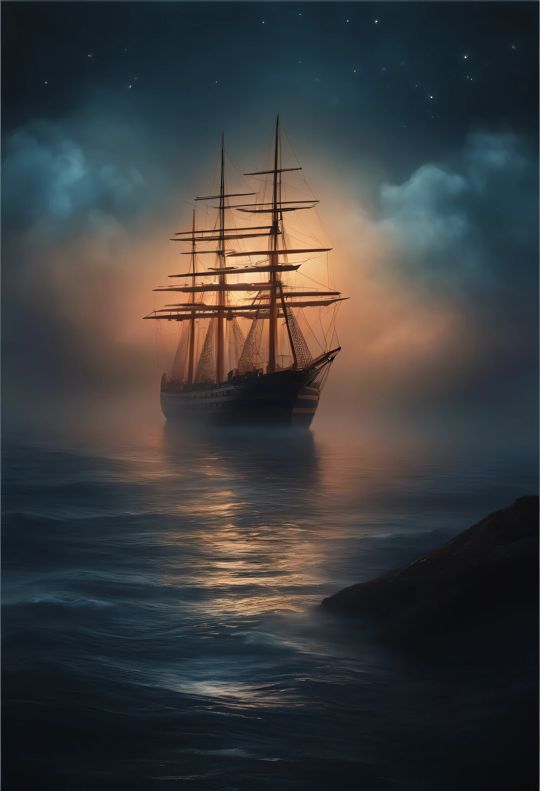 Draw a scene that shows a ship drifting in the calm sea at night with fog. The ship is being seen from afar, the scene shows a lot of sea and sky with a lot of fog