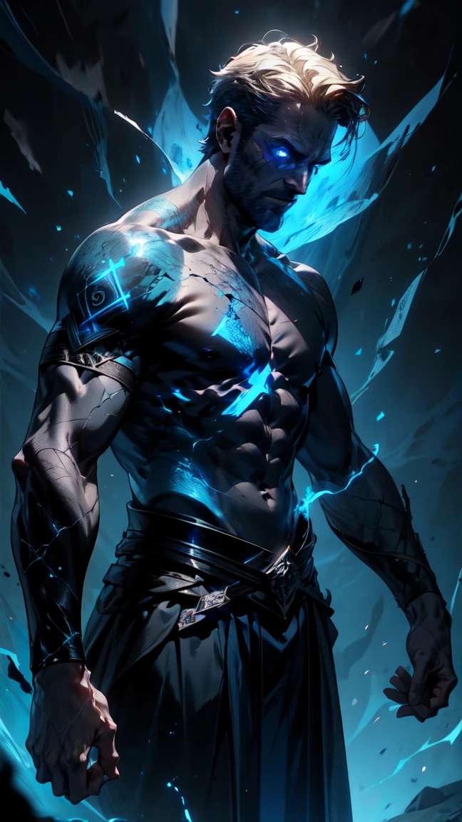 (masterpiece, realistic, best quality, (beautiful and aesthetic:1.4), extremely detailed), (dark fantasy:1.4) (rough male dark mage,  (35 years old), short blond hair, unshaved, blue eyes), (body covered in glowing runic tattoo, (glowing runes:1.4)), covered in scars, sleeveless, ((demonized hand, detailed glowing eyes, casting spell)), (in underworld, hell, dark scene), standing in dark shadow, dynamic pose, (dark blue theme:1.3), (blue energy magic swirling around:1.3), cinematic lighting, r1ge, dark blue glow, cracks, glowing cracks, cracked skin, shattered skin, fractured skin, broken skin, detailed face, (detailed weathered skin), (solo:1.3), (1male:1.4), (elegant, intricate, digital photography, high quality, CG, 4k, extremely detailed, sharp, HDR),