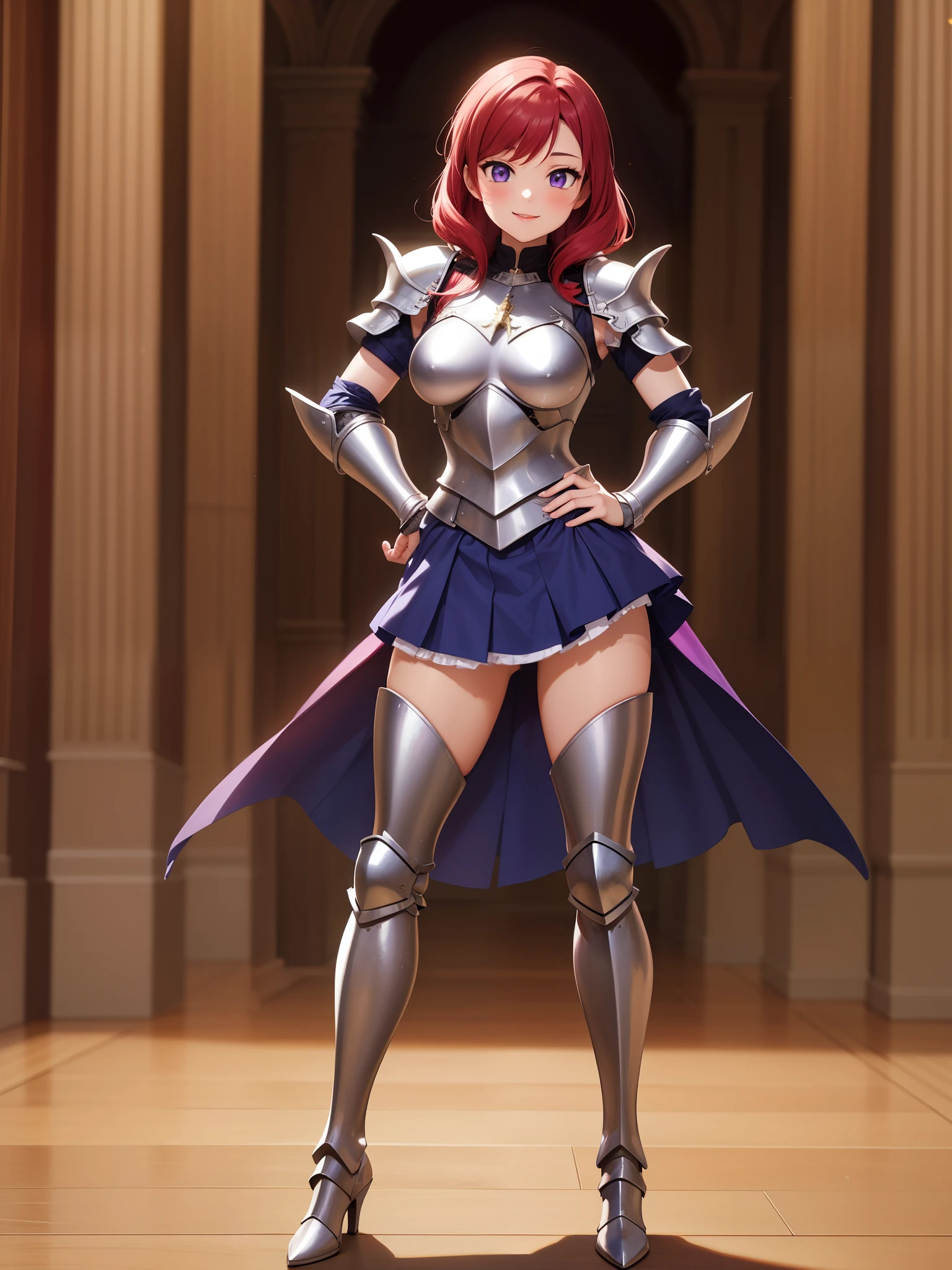 (Masterpiece, Best Quality, High Quality),solo, looking_at_viewer, smile, skirt, purple_eyes, standing, red_hair, boots, white armor, high_heels, hand_on_hip, knee_boots, breastplate, armored_dress, armored_boots, greaves, (contrapposto:1.2)
