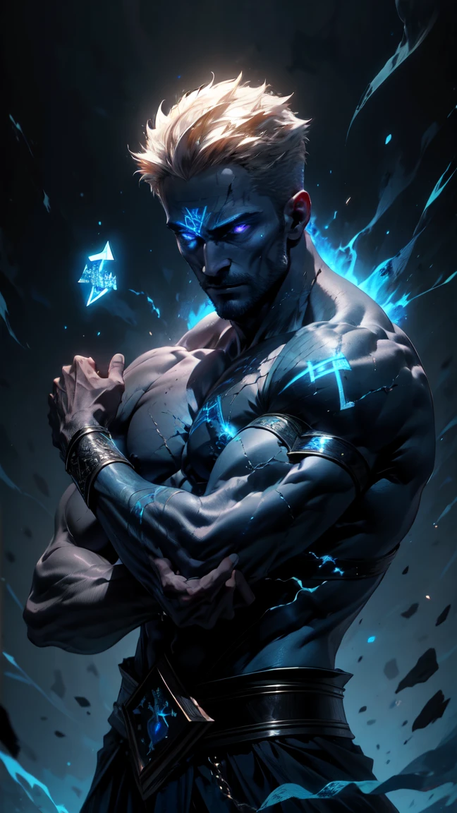 (masterpiece, realistic, best quality, (beautiful and aesthetic:1.4), extremely detailed), (dark fantasy:1.4) (rough male dark mage, (35 years old), short blond hair, unshaved, blue eyes), (body covered in glowing runic tattoo, (glowing runes:1.4)), covered in scars, sleeveless, ((demonized hand, detailed glowing eyes, casting spell)), (in underworld, hell, dark scene), standing in dark shadow, dynamic pose, (dark blue theme:1.3), (blue energy magic swirling around:1.3), cinematic lighting, r1ge, dark blue glow, cracks, glowing cracks, cracked skin, shattered skin, fractured skin, broken skin, detailed face, (detailed weathered skin), (solo:1.3), (1male:1.4), (elegant, intricate, digital photography, high quality, CG, 4k, extremely detailed, sharp, HDR),