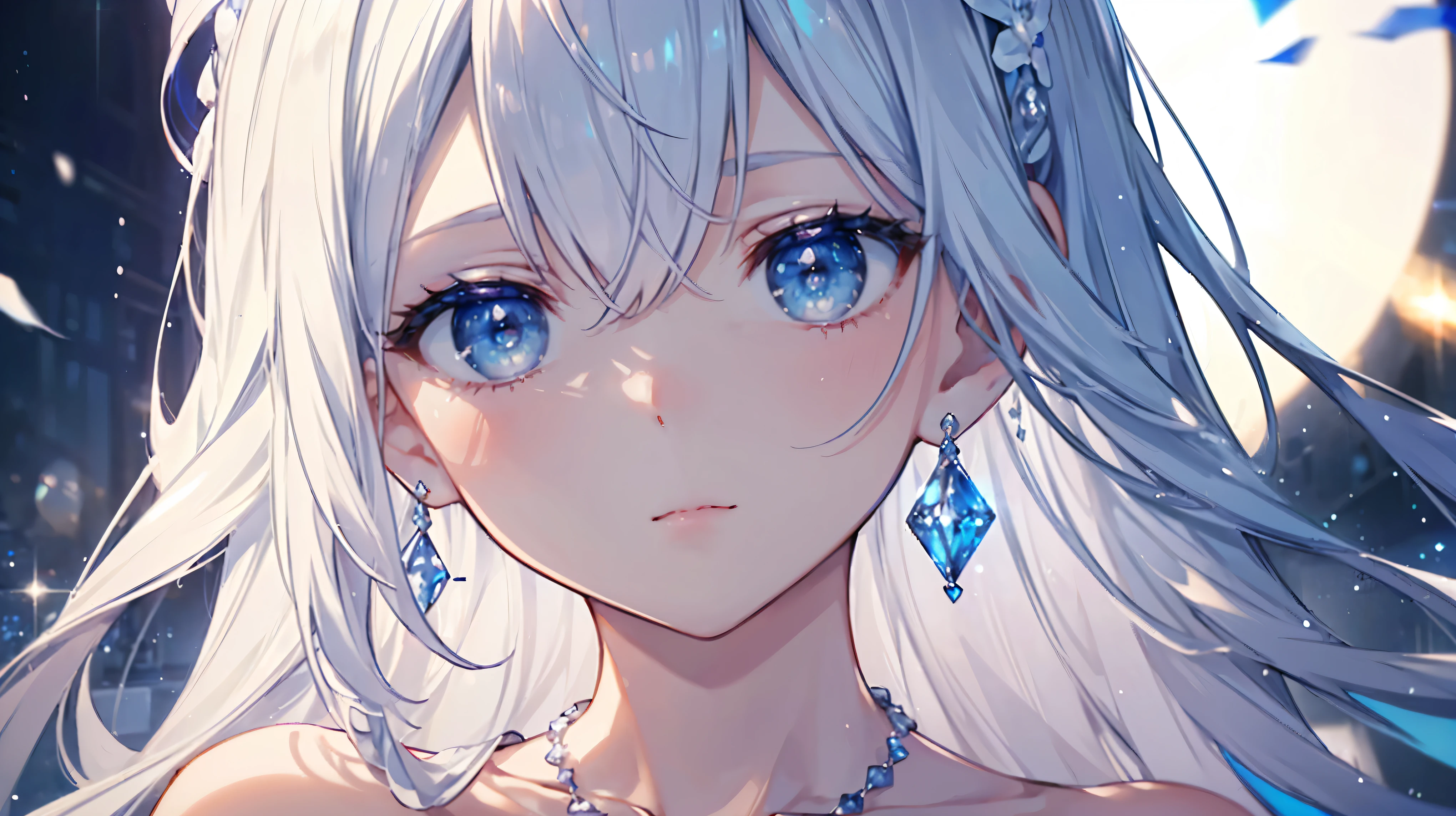 masterpiece, highest quality, figure, Sax Blue, Platinum Earrings, Platinum Necklace, White Dress, One girl, cute, (Dynamic Lighting:1.2), Cinema Lighting, Delicate facial features, Fine grain, Sharp pupils, Realistic students, Depth of written boundary, Bokeh, Sharp focus, (Ultra-detailed, bloom, Shine:1.4), Lots of little gems