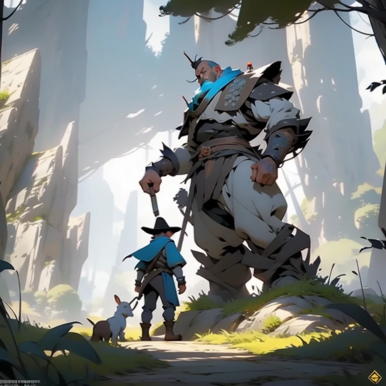a giant robot standing next to a man in front of a tent, the hobbit art, official overwatch game art, by jake parker, resting after a hard mission, rpg reference sheet, streaming on twitch, cute art style, fairy tale illustrations, small settlements, patreon