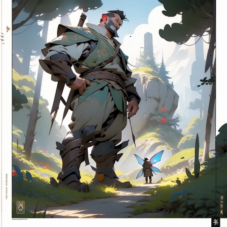 a giant robot standing next to a man in front of a tent, the hobbit art, official overwatch game art, by jake parker, resting after a hard mission, rpg reference sheet, streaming on twitch, cute art style, fairy tale illustrations, small settlements, patreon