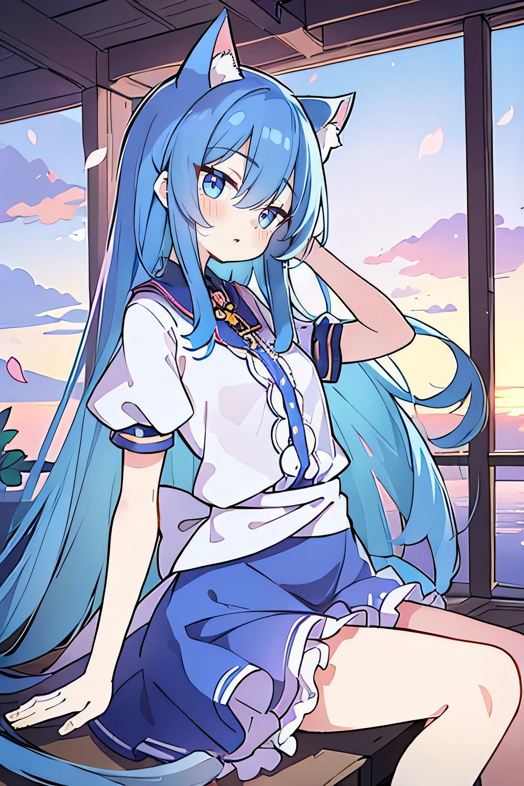 (masterpiece:1.2),Super detailed,Practical,expressive eyes,Fair skin,Perfect face shaping,1 Girl,
Japanese cartoons,Gorgeous blue hair, the long flowing blue hair,Floating clothes,Cat ears,Petals falling,beautiful lola,Young Angel,
Hands on waist,sit elegantly on the ground,Cross your legs,Gentle and peaceful background,Cool and cozy pavilion,Sunset,