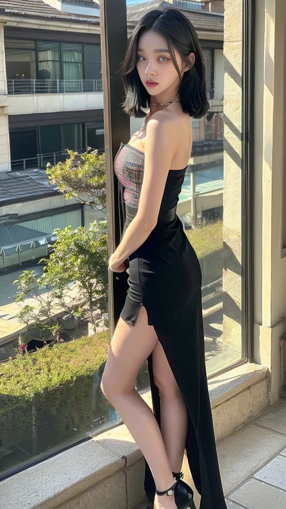 ((top quality, 8K, masterpiece: 1.3)), beauty, hidden face, (1 woman. 20 years old), beauty: 1.4, slim abs: 1.1, ((black hair short hair. necklace)). (high heel. strapless tube mini dress_high heel. long legs. whole body. stand. in front of the glass wall. city view during the day), very detailed face, very detailed lips, detailed eyes, double eyelid, makeup face. peach lipstick