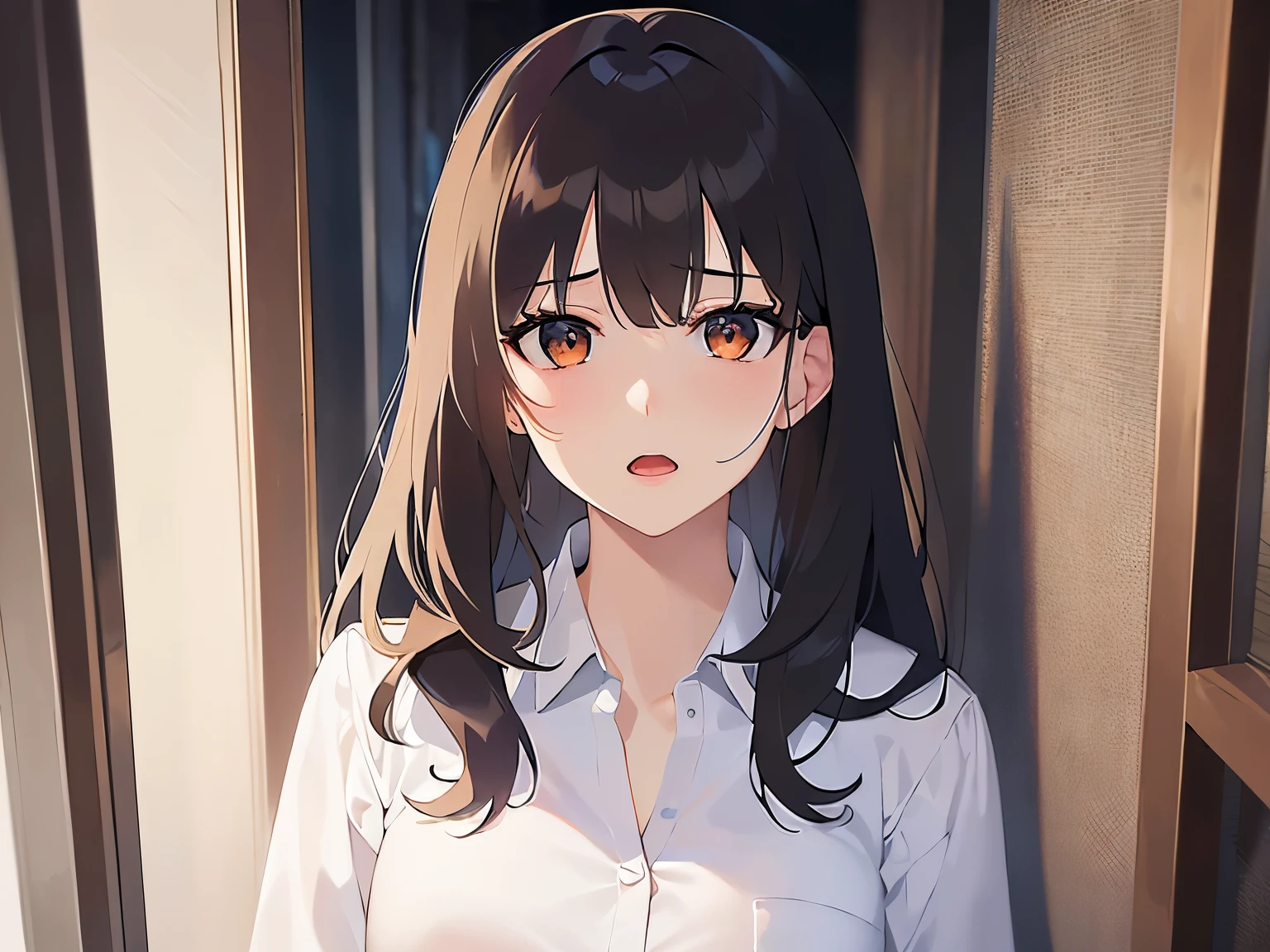 Upper Body, Realistic, real person, (pale skin: 1.2), RAW photo, photorealistic, portrait photography, shiny skin, shiny hair、(A 25-year-old woman with medium-length hair and bangs) and (wavy hair) and (brown hair) and (orange eyes) , (Gray business suit) and (White shirt) 、Confused expression, open mouth, The background is the corridor of an apartment at night、Alone、Are standing
