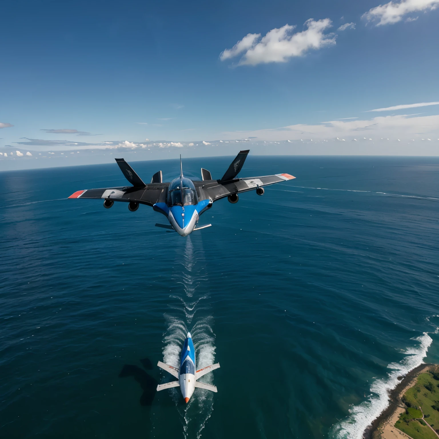 Pegasus negro e azul marinho, flying over water