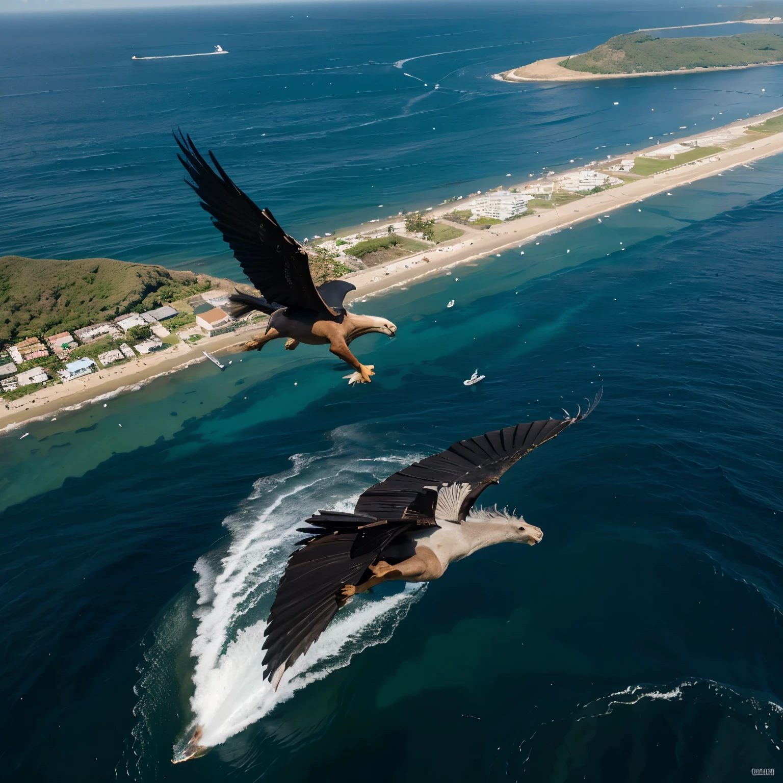 Pegasus negro e azul marinho, flying over water