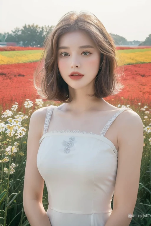 ((highest quality, 8k, masterpiece: 1.3)), concentrated: 1.2, (Cinema Filter: 1.3) Perfect body beauty: 1.4, ((Layered Haircut: 1.2)), , (In the flower field: 1.3), Realistic face and skin texture, whole body, Fine grain, double eyelid, Long Hair, (Round face: 1.5), (White Dress: 1.6), sexy