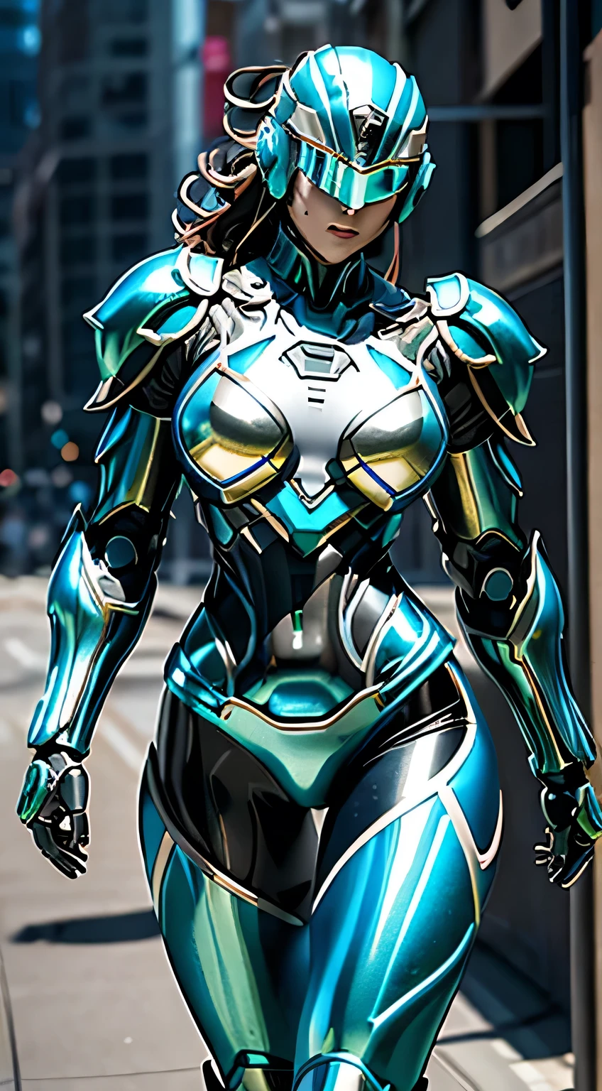 Female Robocop Solo、Bright outdoors、strong light source、8K, high quality, masterpiece, 最high quality、Very detailed、Armor that completely covers the whole body、Very large armor、Helmet covering the head、Clear photos、The eyes are hidden by thin, straight goggles:1.3、The lower half of the face is flesh:1.5、Face with exposed skin below the nose:5.0、Luscious lips、Fluorescent blue-green metallic armor with thin white lines、Armor that completely covers the chest、Long, slender legs、Vivid poseable body view,Big and ample breasts:1.5, (Sports Body:1.5)、Five Fingers、Photos in the city