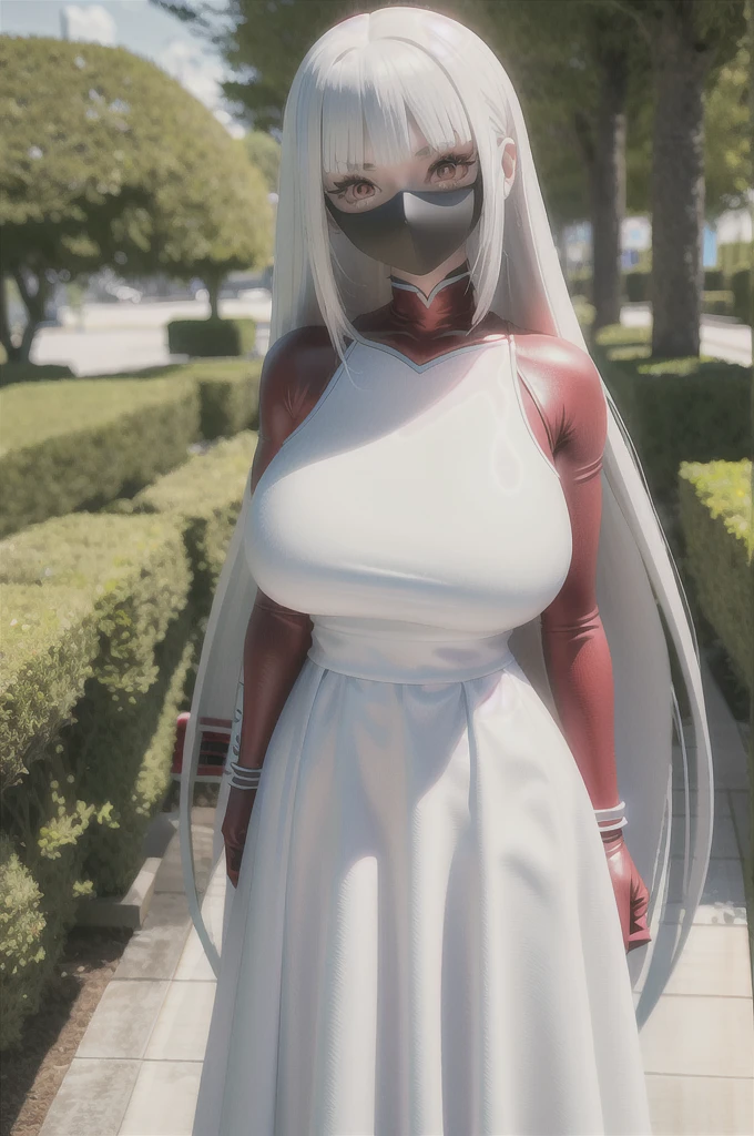 3D anime style，14-year-old girl(Red Eyeilky white long hair，Long eyelashes，White skin，Pure white dress，Huge Breasts，)