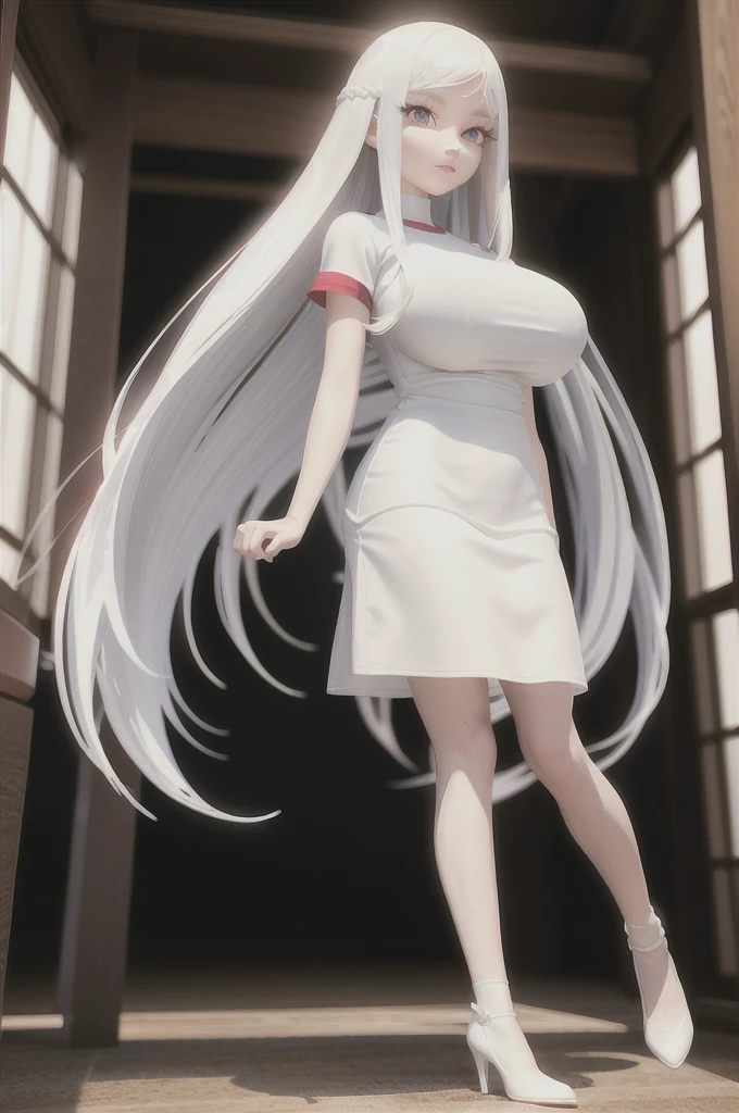 3D anime style,(Red Eyeilky white long hair,Long eyelashes,White skin,Pure white dress,Huge Breasts,)