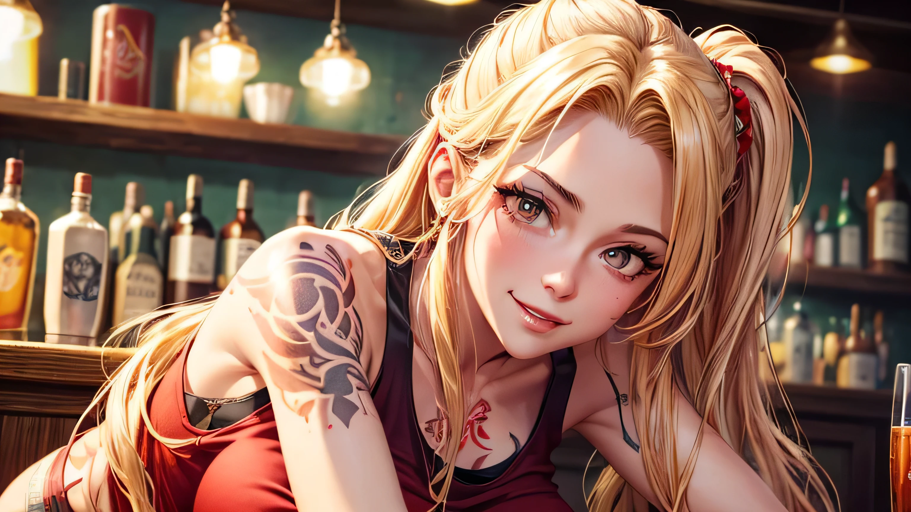 40s One woman A fawning smile Red tank top shirt, tattoo, beautiful blonde Long Hair up A worn-out bar Bourbon Perfect and detailed facial expression Perfect and detailed eye depiction Perfect and detailed hair Perfectly detailed upper body Perfect and detailed breast depiction Perfect and detailed depiction of the chest T-shirt Big Tits