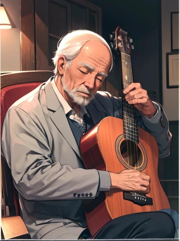 masterpiece、highest quality、High resolution、Very detailed、Medium wide shot、Cowboy Shot、Elderly men、old man、Deep wrinkles、Sitting in a chair、Playing the guitar、Close ~ eyes、