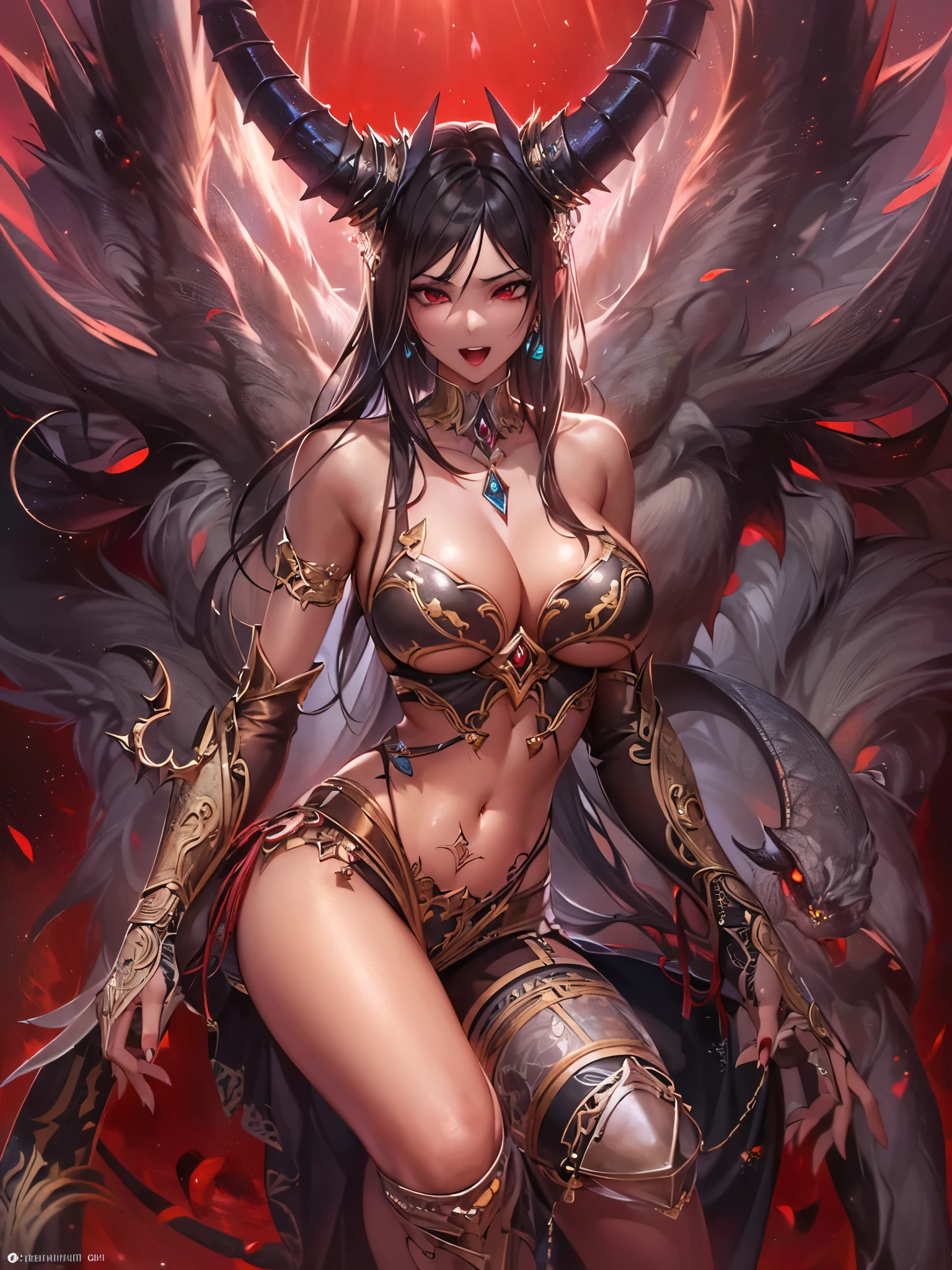 ((highest quality)),(Ultra-high resolution),(Very detailed),(Detailed Description),((The best CG)),(A masterpiece),Ultra-precise art,Amazing drawing art,(Art with precise detail:1.5), (Female Devil:1.5),(Beautiful and well-proportioned face:1.4),(Big Breasts:1.6), Thunder and roar